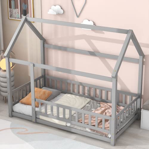 Twin Size Wooden House Bed with Roof and Safety Guardrails - Easy Assembly Bed Frame for Kids, Teens, Boys & Girls (White) - Perfect for Nursery, Bedroom, Playroom & Kids' Room Decor