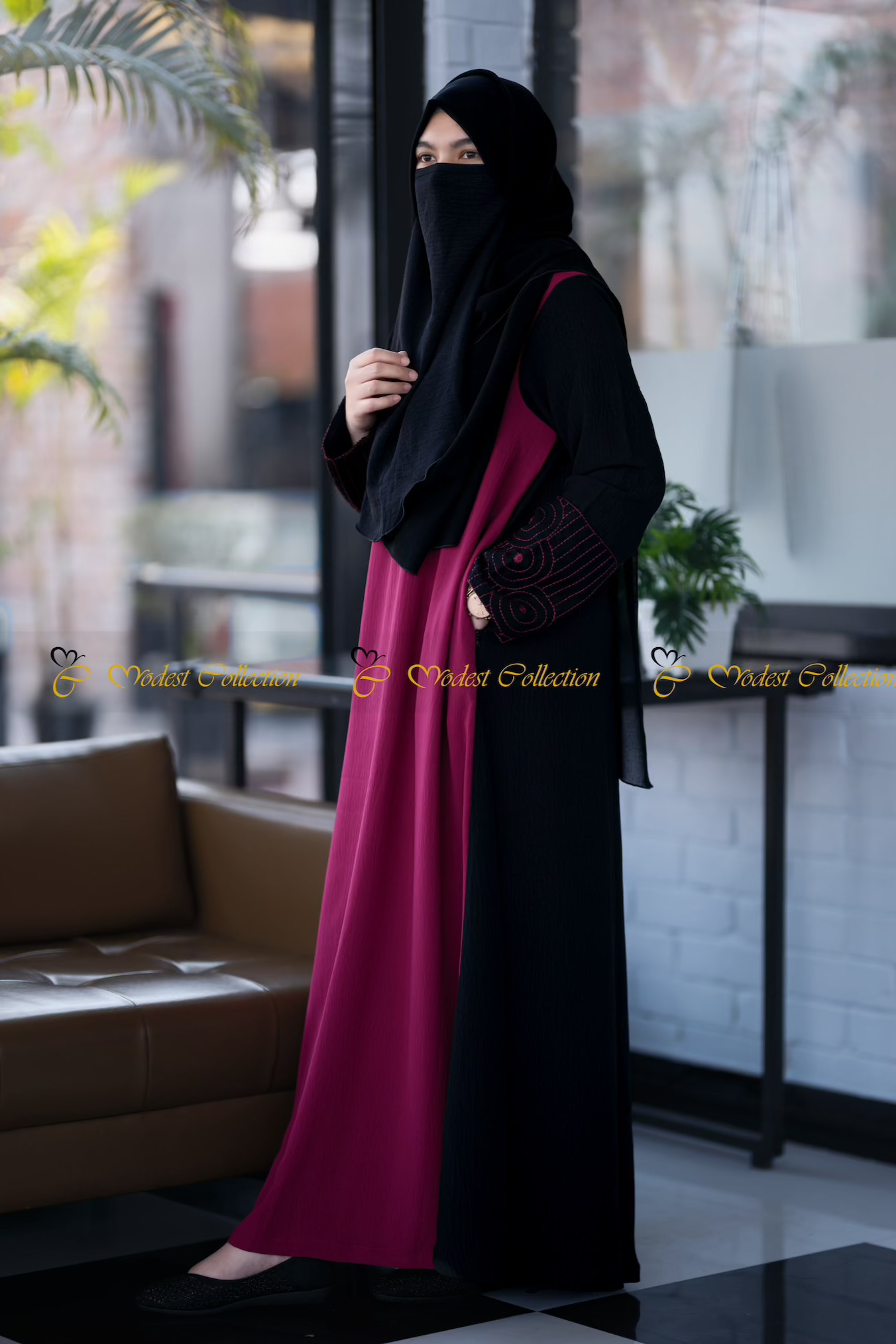 Elegant Dual Shade Embroidered Abaya Dress - Magenta & Black | Modest Islamic Clothing for Women | Perfect for Prayer, Special Occasions & Everyday Wear