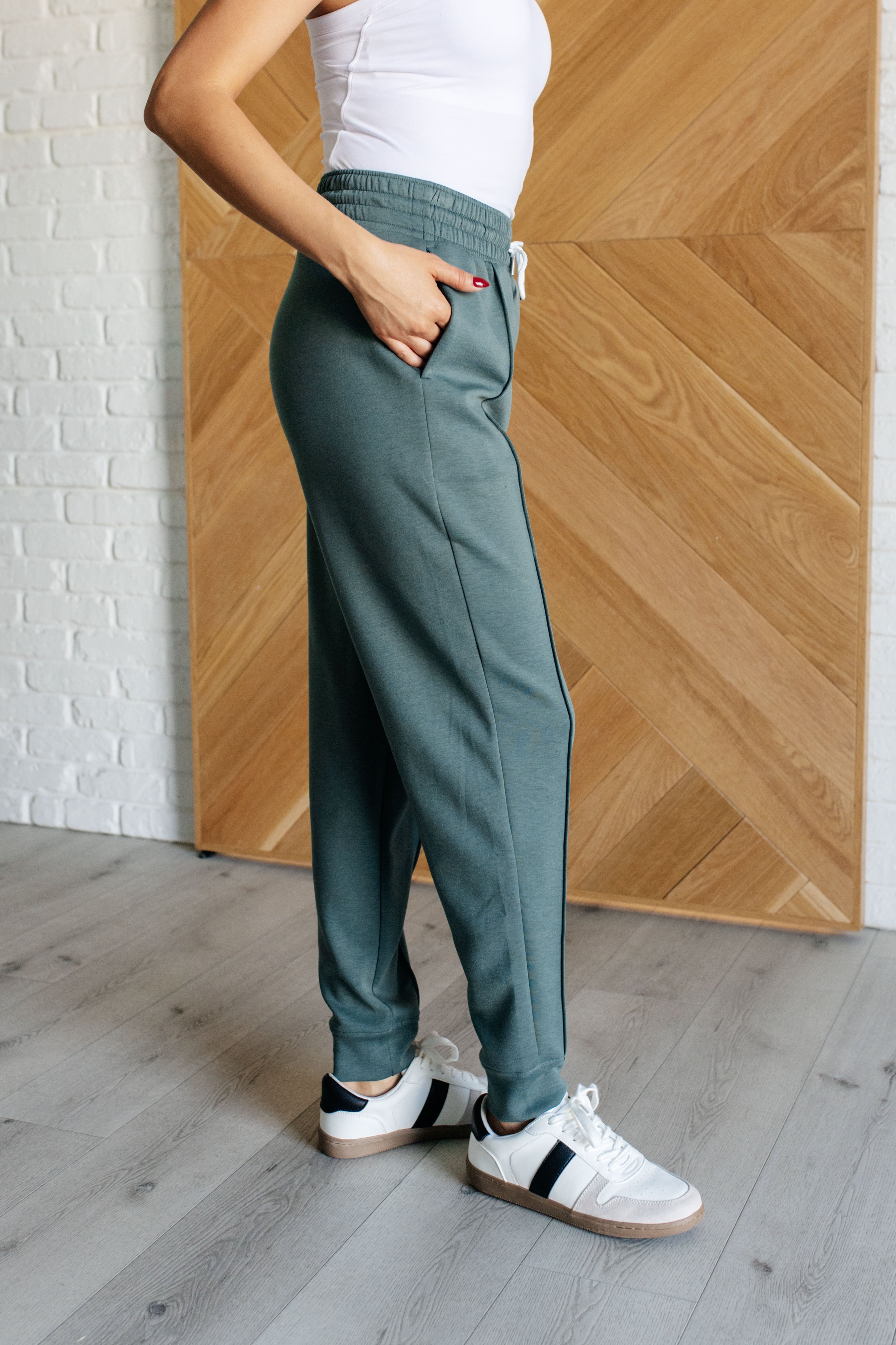 High Waist Center Seam Scuba Joggers for Women - Soft Stretchy Lounge Pants in Ash Jade - Perfect for Yoga, Running & Casual Wear