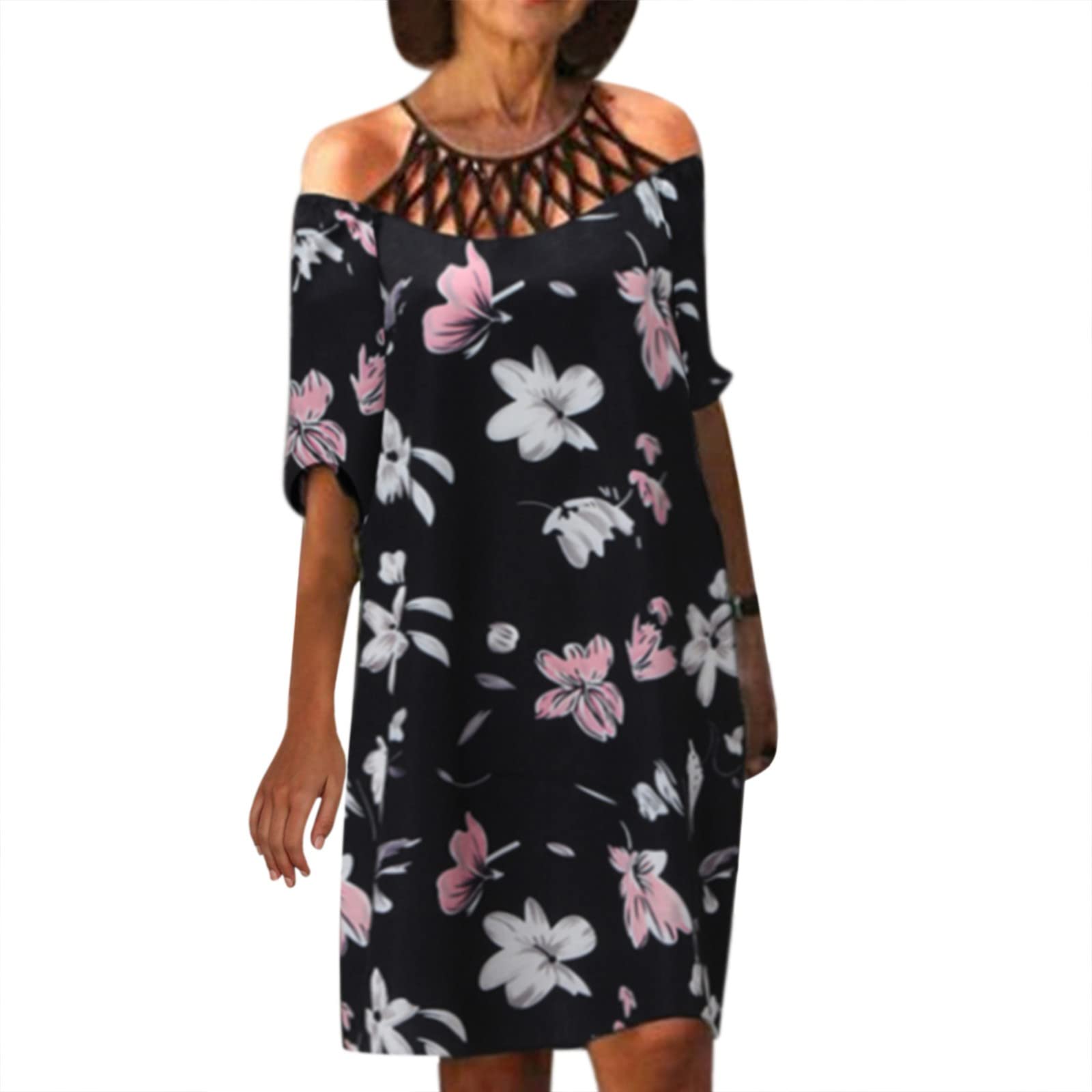 Women's Half Sleeve Round Neck Hollow Out Floral Print Midi Sundress - Summer Casual Knee-Length Dress for Beach, Party & Everyday Wear