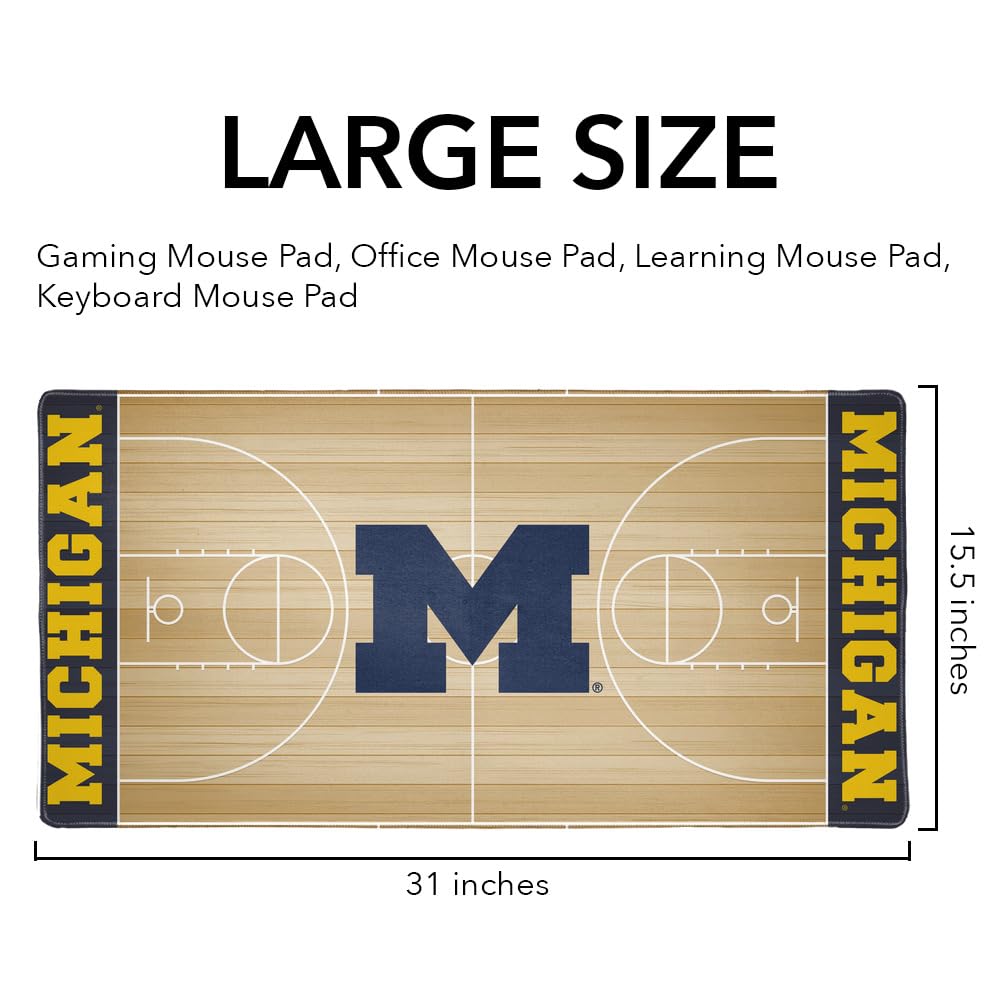 University of Michigan Wolverines Basketball Large Gaming Mouse Pad - Non-Slip Base & Stitched Edges (31.5