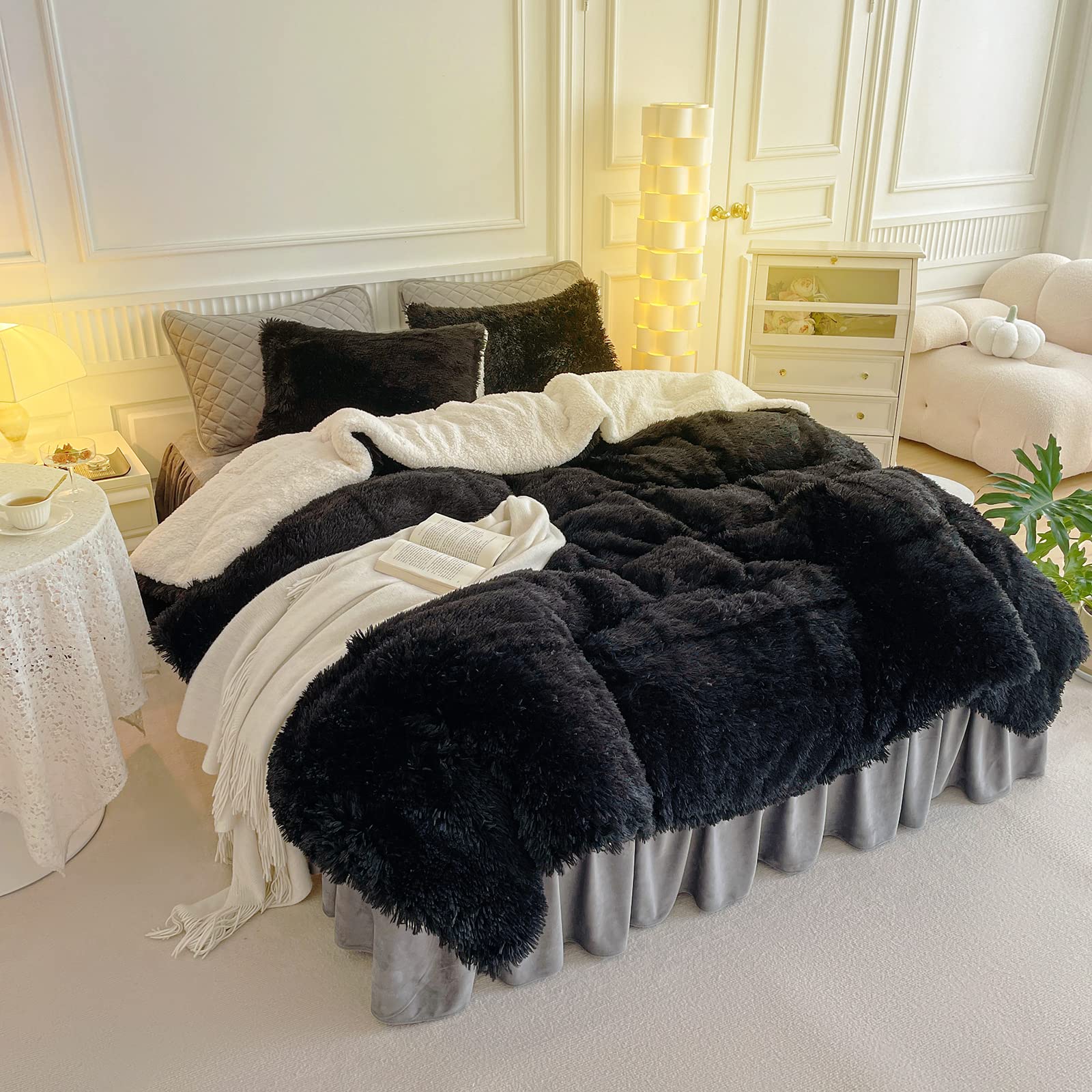 UOZZI BEDDING 6-Piece Faux Fur Comforter Set Queen Size - Luxury Warm Winter Shaggy Bedding with Flannel Bed Skirt & 4 Pillowcases (Black) | Cozy Bedroom Upgrade for Cold Nights & Stylish Home Decor