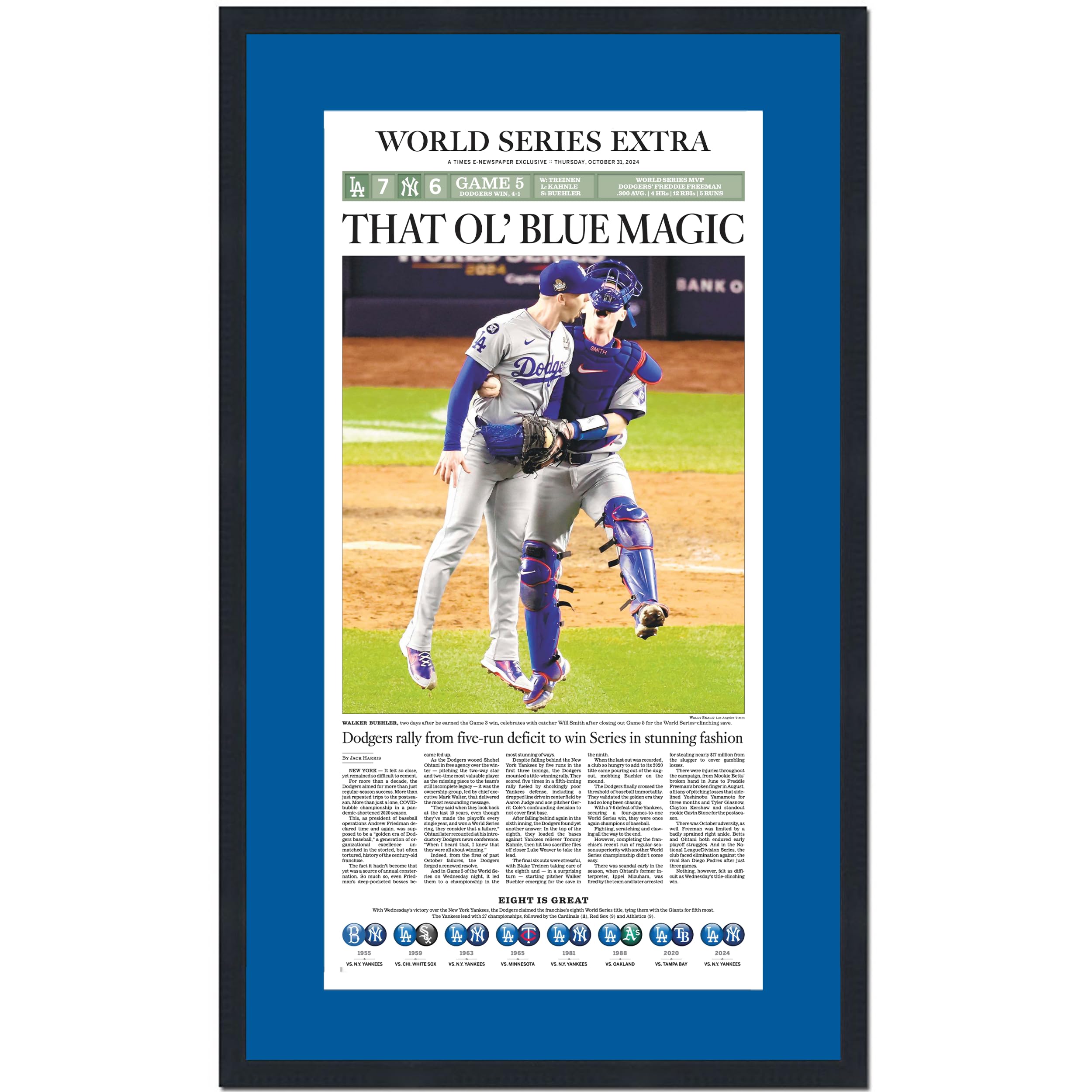 HOFSM.COM Framed LA Dodgers 2024 World Series Champions Newspaper Cover - 15x25 Professionally Matted Baseball Memorabilia | Perfect for Sports Fans, Man Cave Decor & Collector's Display