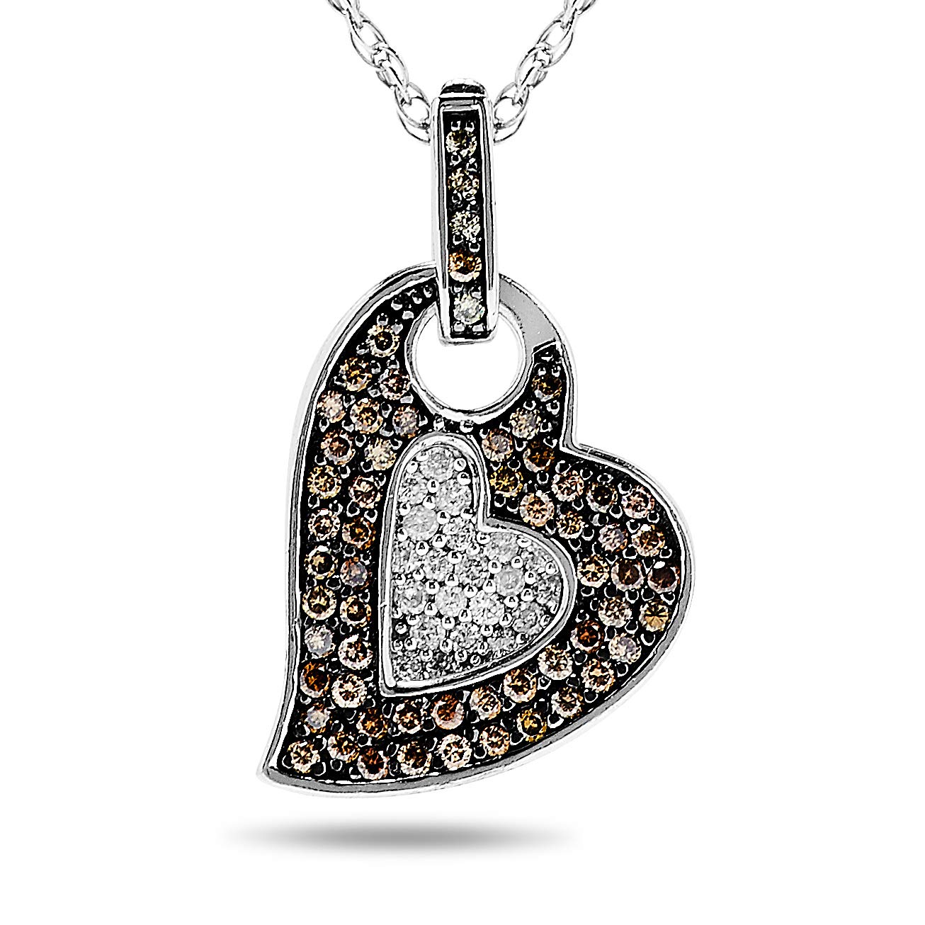 3/4 Carat Brown & White Diamond Double Heart Pendant Necklace for Women - 925 Sterling Silver, 18