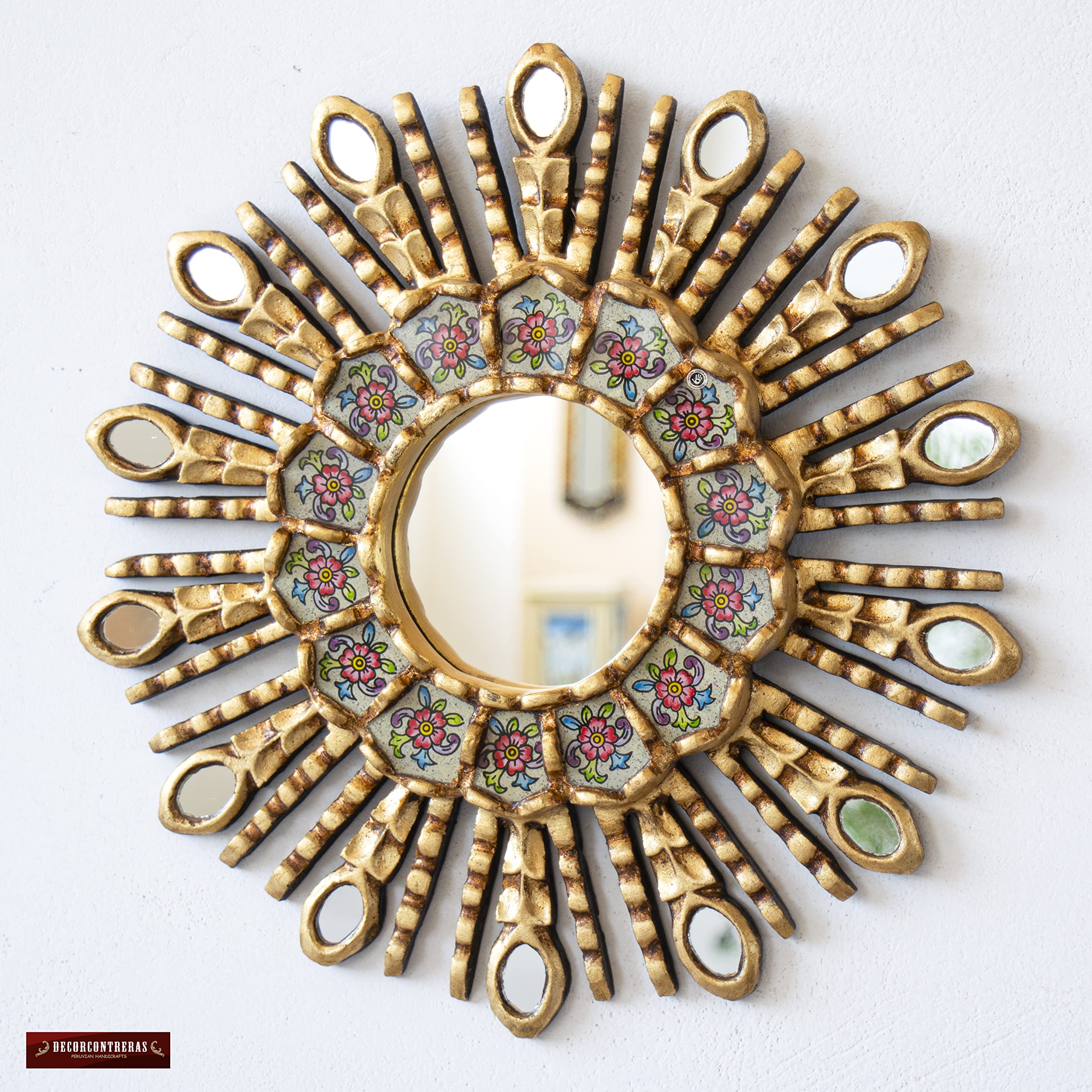 Handmade Sunburst Wall Mirror - Gold Leaf Wooden Decorative Mirror for Home Decor, Living Room, Bedroom - Perfect Mother's Day Gift (Beige)