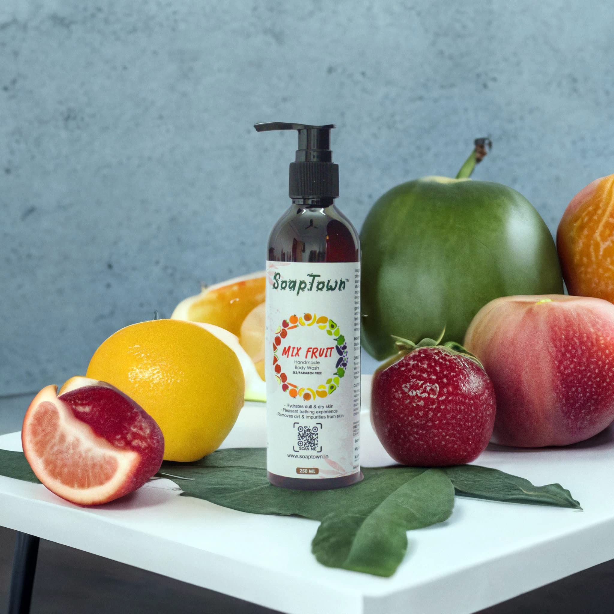 SoapTown Handmade Mixed Fruit Body Wash - SLS & Paraben Free, Refreshing Shower Gel for Men & Women - Moisturizing for Softer & Smoother Skin - 8.5 fl oz - Perfect for Daily Shower & Spa Relaxation
