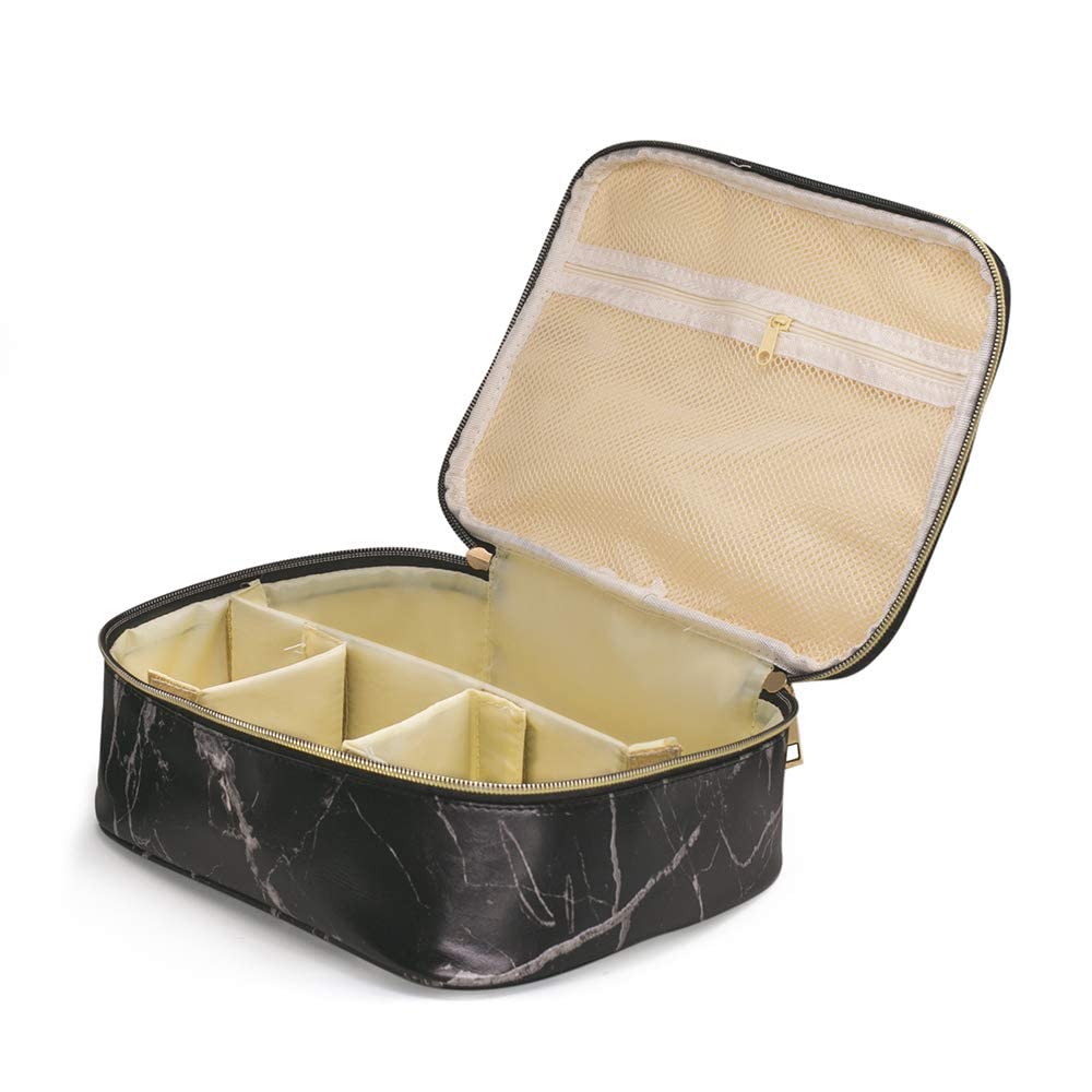 Favria Portable Travel Makeup Bag for Women - Waterproof Cosmetic Organizer with Dividers, Black Marble Toiletry Storage Pouch | Perfect for Travel, Gym & Daily Use