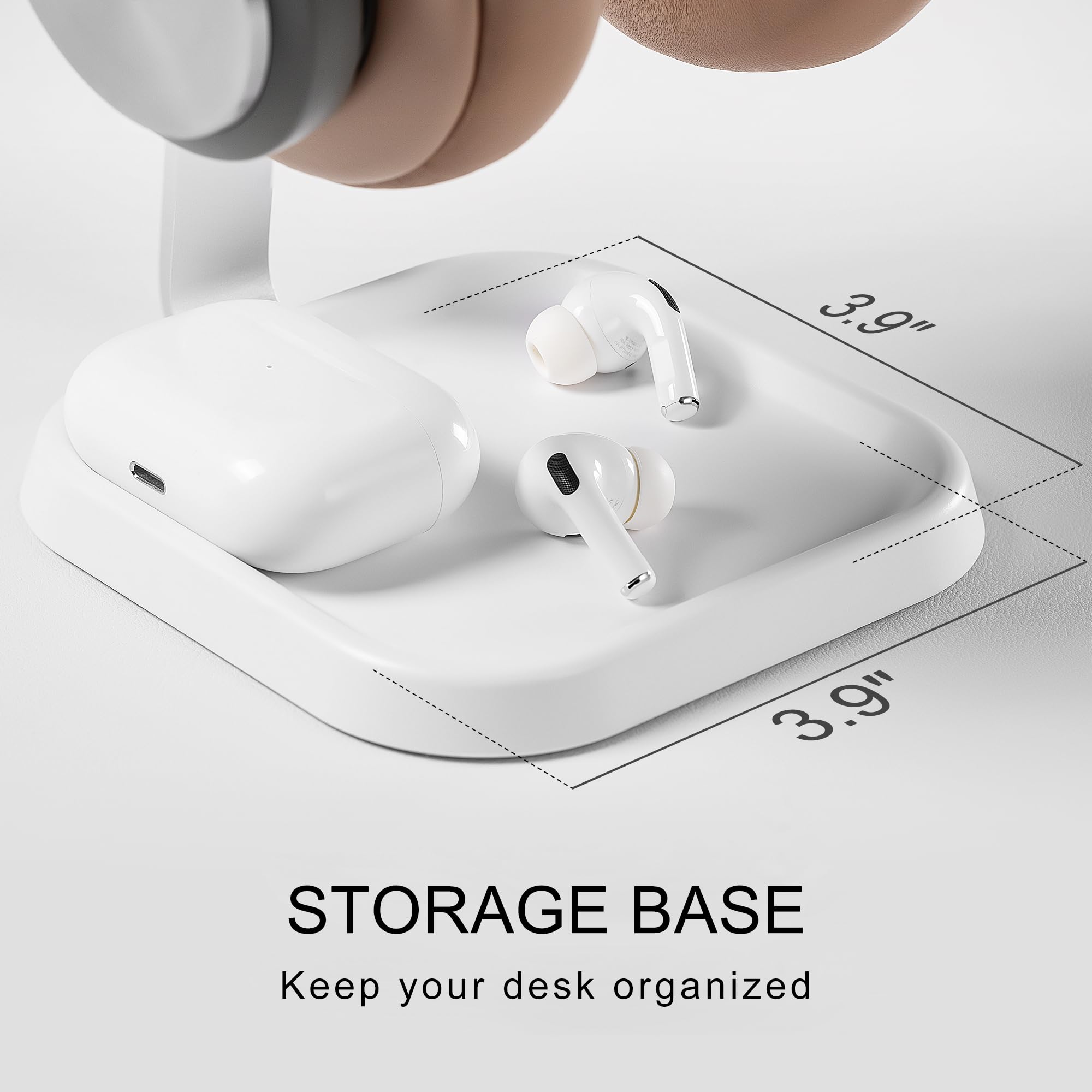 Premium Curved Headphone Stand with Storage Tray - Universal Gaming Headset Holder for AirPods Max/Pro, Beats, Bose, Sony & More - Space-Saving Desk Organizer for Home Office & Gaming Setup (White)