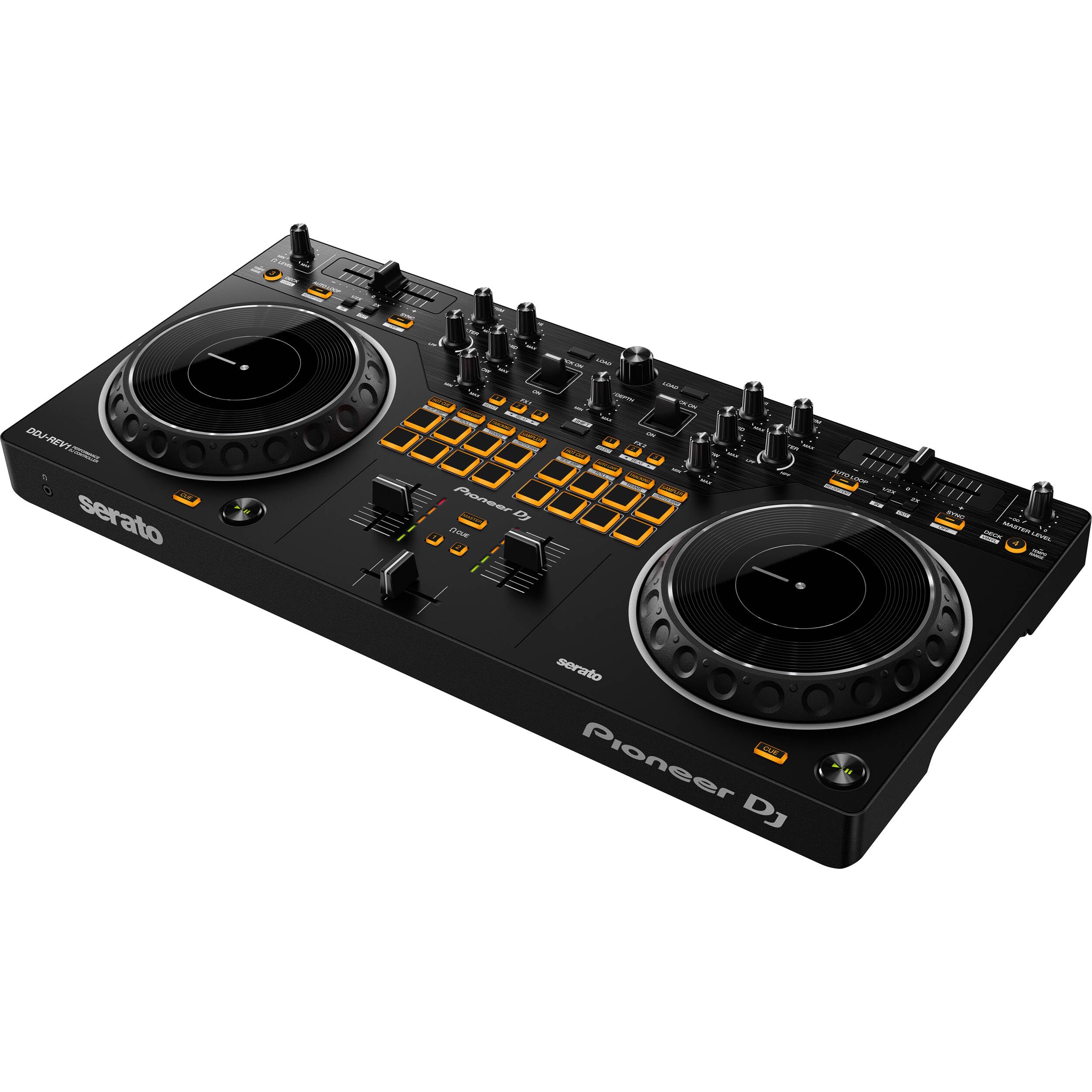 Pioneer DDJ-REV1 Professional DJ Controller Bundle with Adjustable Laptop Stand, Monitoring Headphones, Essential Cables & Polishing Cloth - Perfect for Live Performances, Home Studios & DJ Beginners
