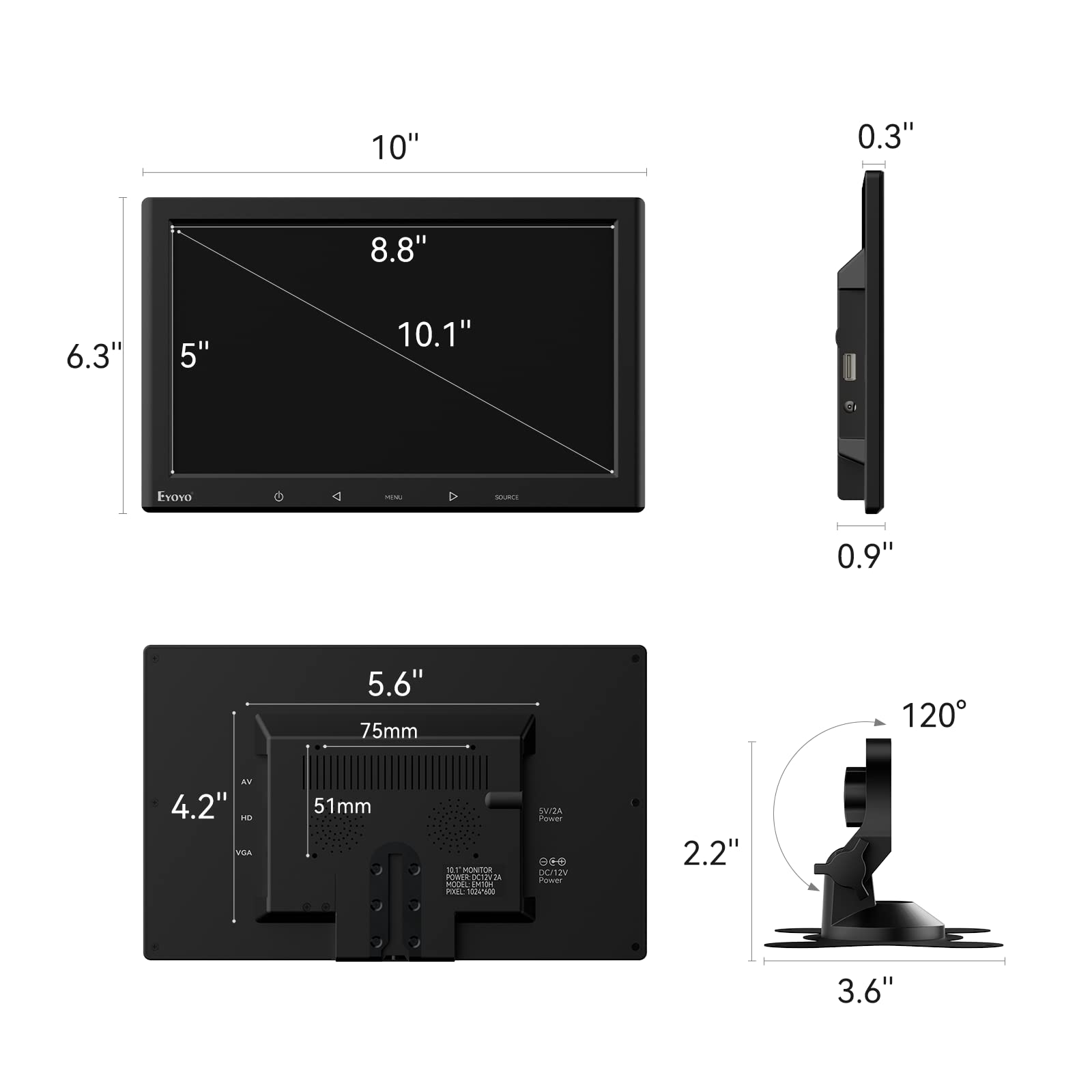Eyoyo 10 Inch Mini Monitor - 1024x600 HD LCD Screen with HDMI/VGA/AV/USB Inputs | Portable Computer Display for Home Office, Security Systems, POS, Car Backup Camera & Gaming Setup