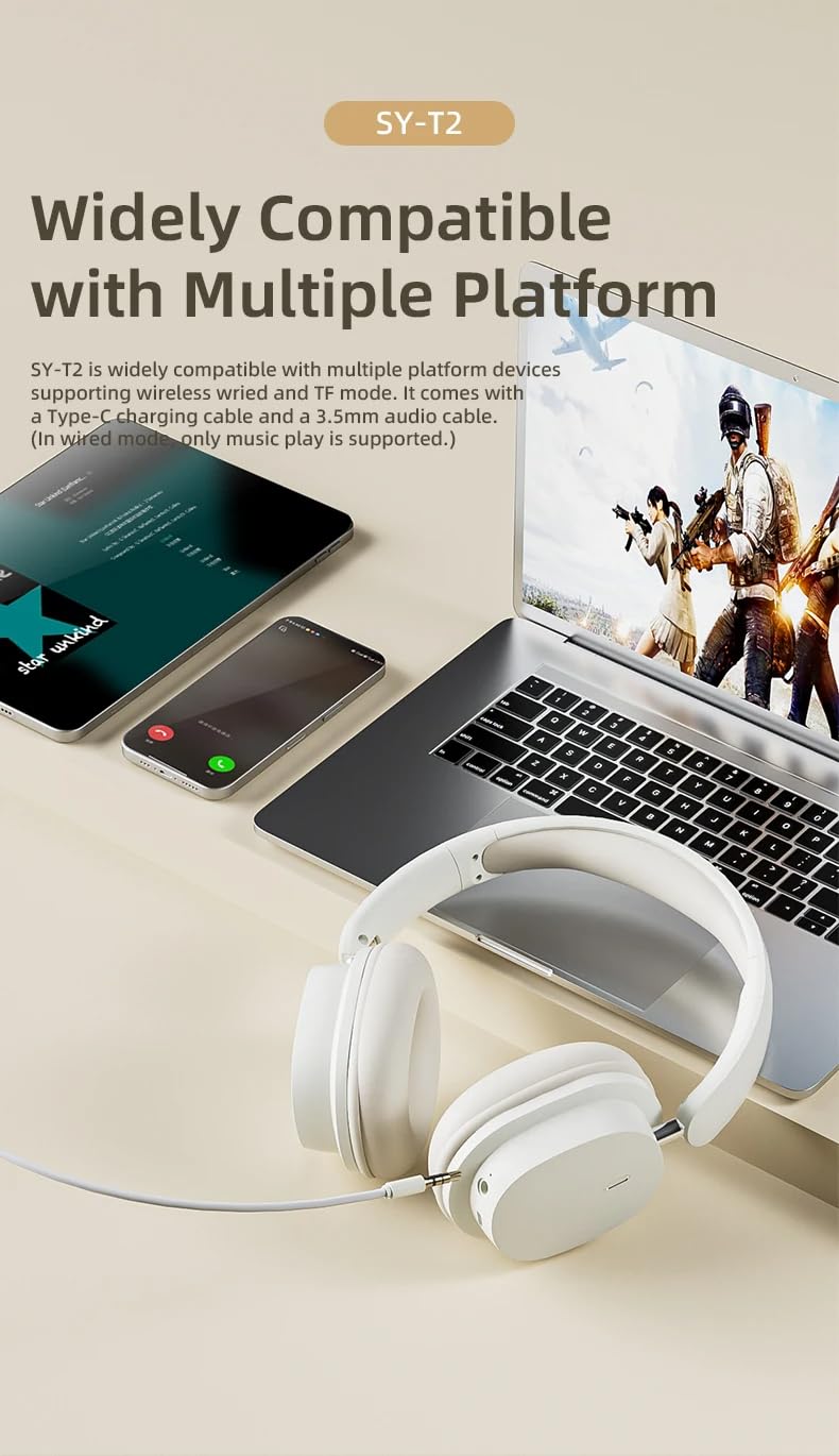 Foldable Wireless Headphones with Soft Leather Ear Cushions - Portable Bluetooth Headset for Travel, Workout & Commuting (White)
