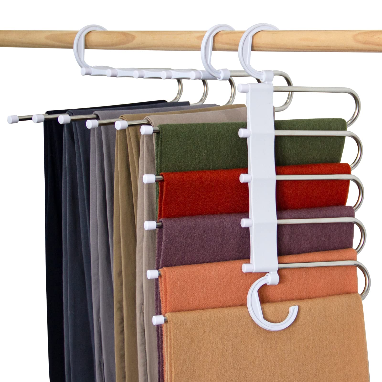 5-Tier Non-Slip Pants Hangers - Space Saving Closet Organizer for Jeans, Trousers, Skirts & Scarves (6-Pack, White) | Perfect for Bedroom, Closet & Laundry Room Organization
