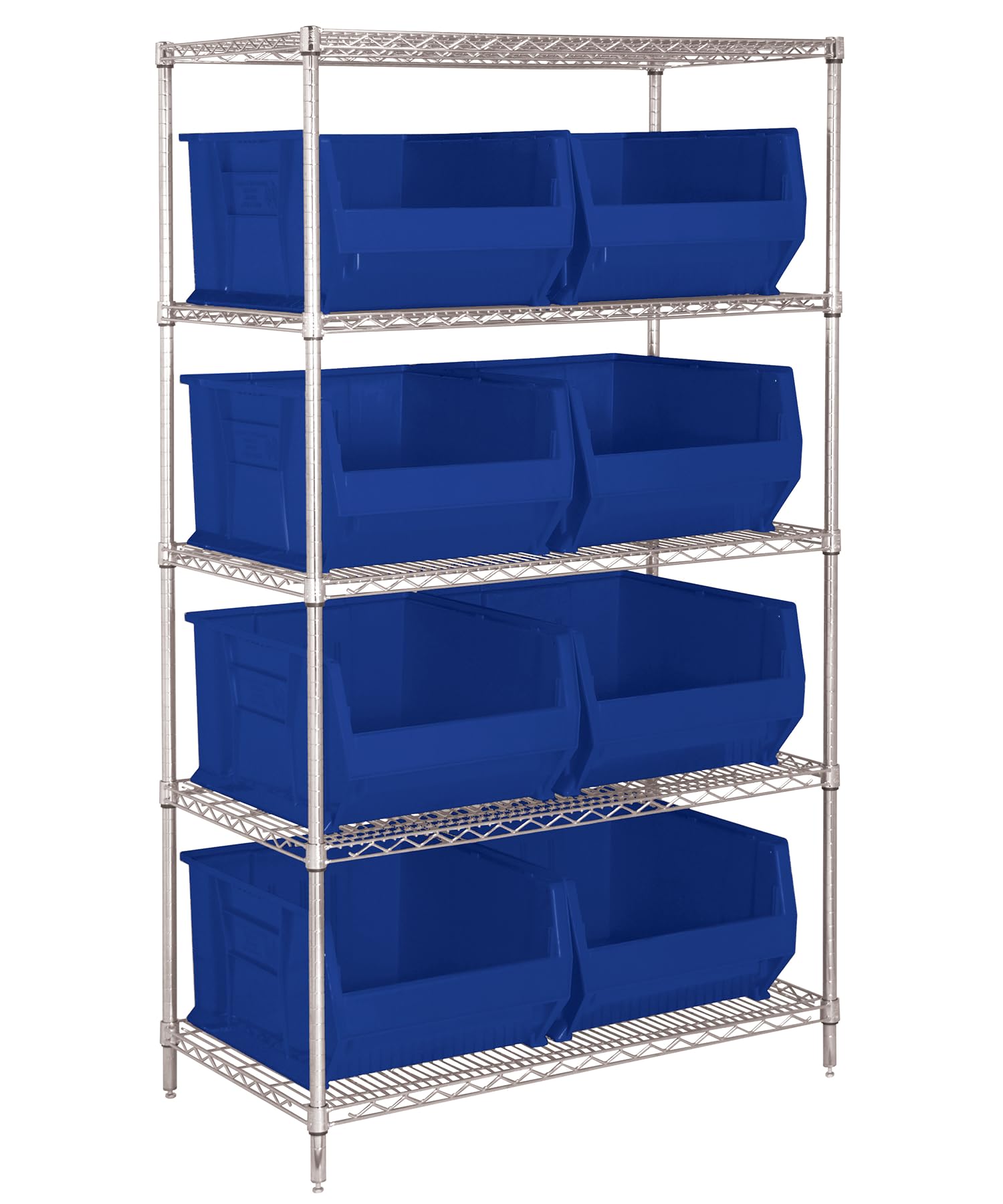 Quantum Storage Systems WR5-975BL 5-Tier Heavy Duty Wire Shelving Unit with 8 QUS975 Blue Hulk Bins - Chrome Finish, 30