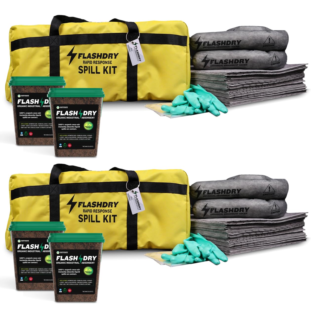 2-Pack FlashDry Pro Portable Spill Cleanup Kit - Yellow Duffle Bag with 15 Absorbent Pads, 2 Sorbent Socks, Disposal Bags & Nitrile Gloves | Ideal for Garage, Workshop, Industrial & Home Emergency Spills