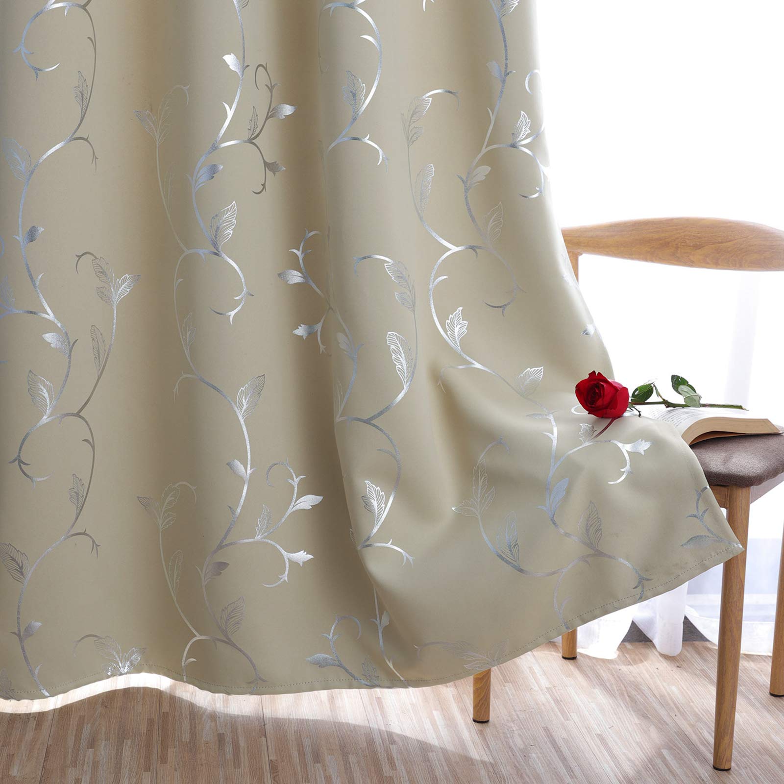 BUHUA Grommet Top Blackout Curtains - Floral Vine Print Room Darkening Window Drapes for Living Room, Bedroom & Nursery - 38x96 Inches (1 Pair) - Perfect for Light Control, Privacy & Home Decor