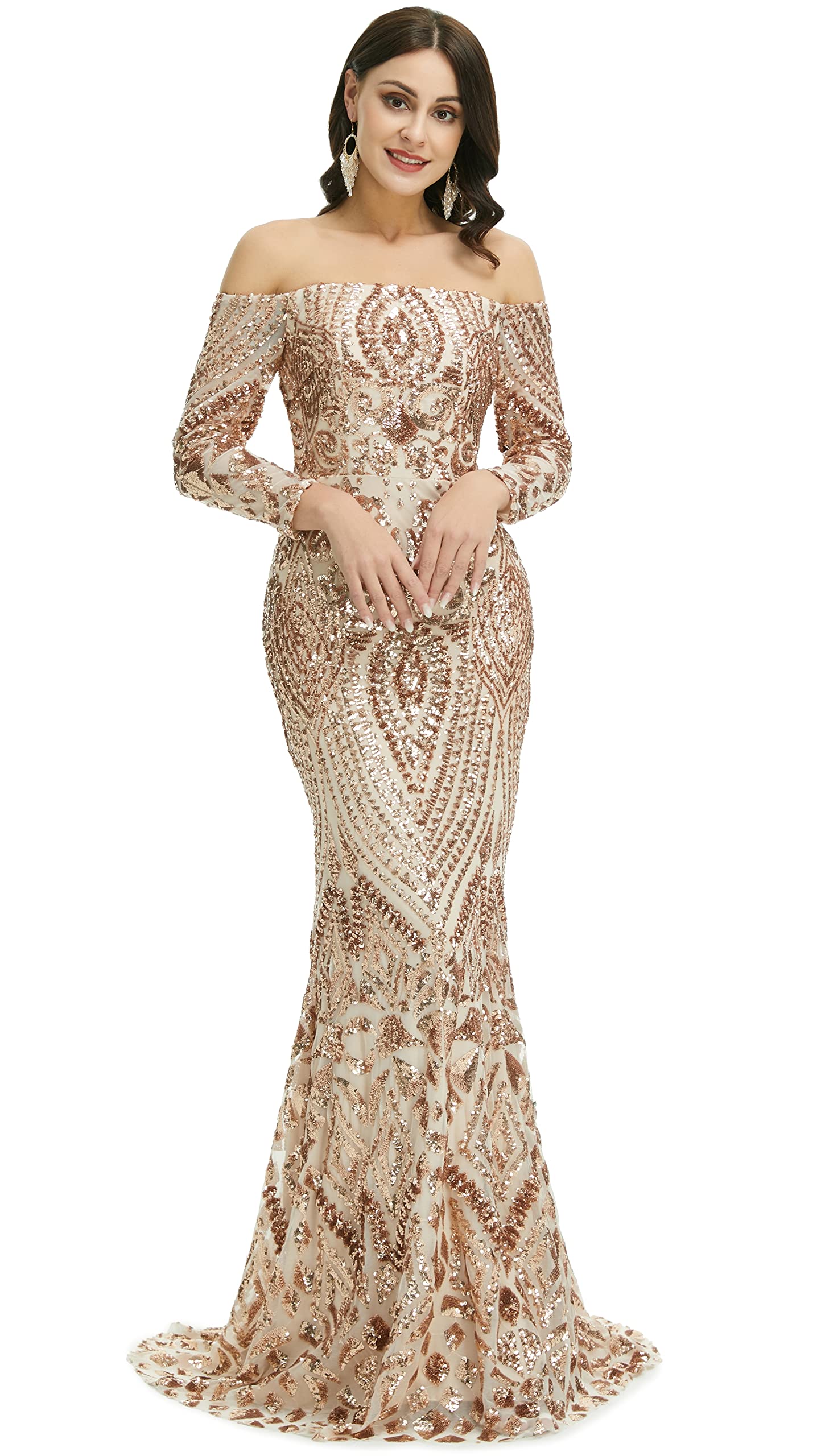 Elegant Women's Bateau Neck Long Sleeve Sequin Mermaid Evening Dress for Prom, Gala, Wedding & Formal Events