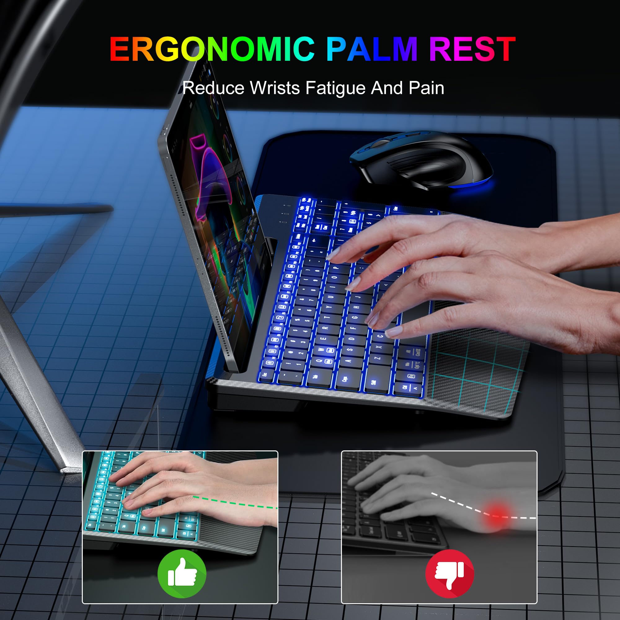 Ergonomic Wireless Keyboard and Mouse Combo with RGB Backlit, Rechargeable & Quiet Design - Includes Phone Holder & Wrist Rest for Mac, Windows, PC, Laptop | Perfect for Office, Gaming & Home Use