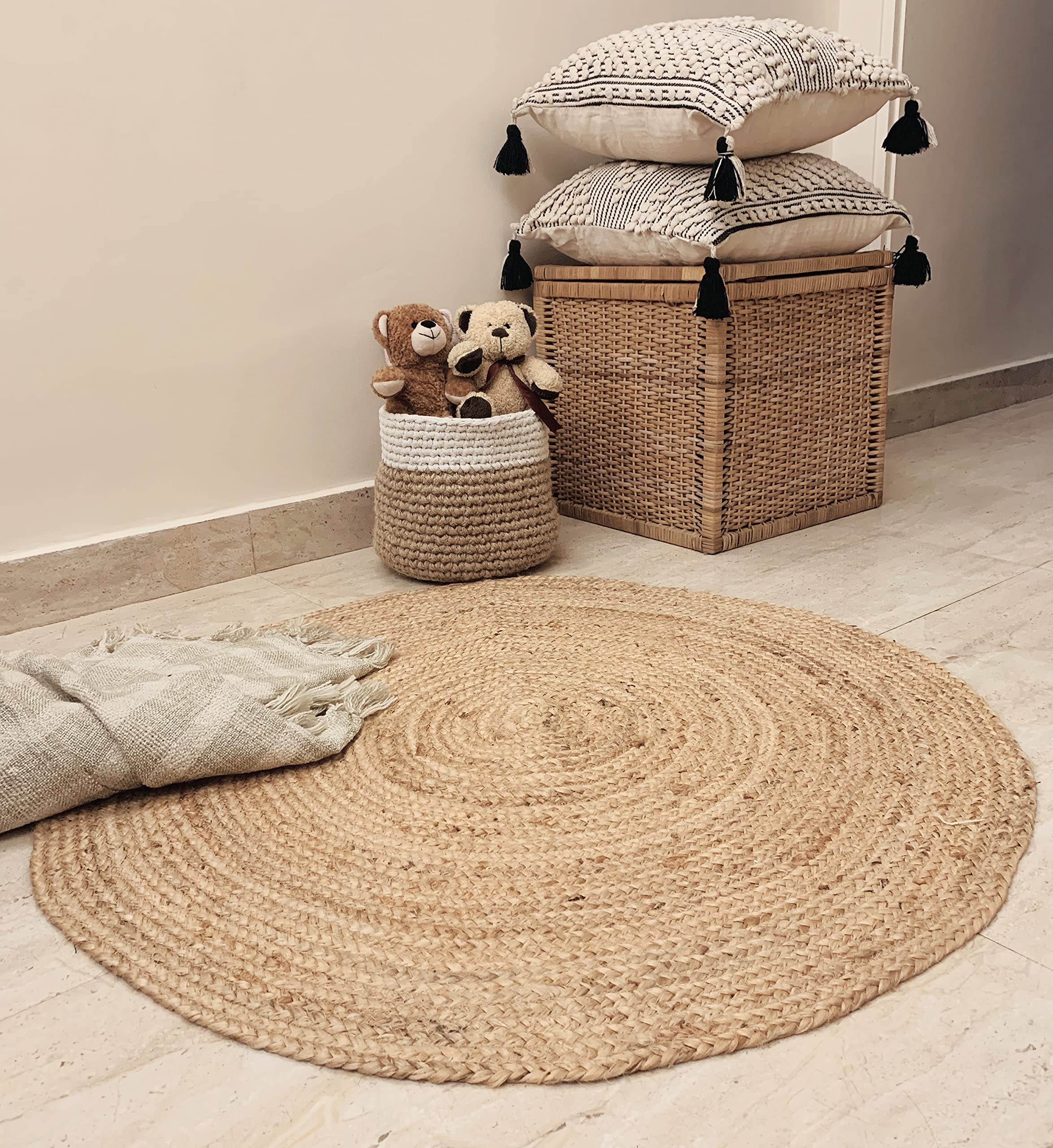 Hand Woven Braided Jute Rug 3ft Round - Natural Reversible Boho Farmhouse Rug for Entryway, Kitchen, Living Room - Eco-Friendly Floor Mat for Home Decor, Dining Area & Bedroom