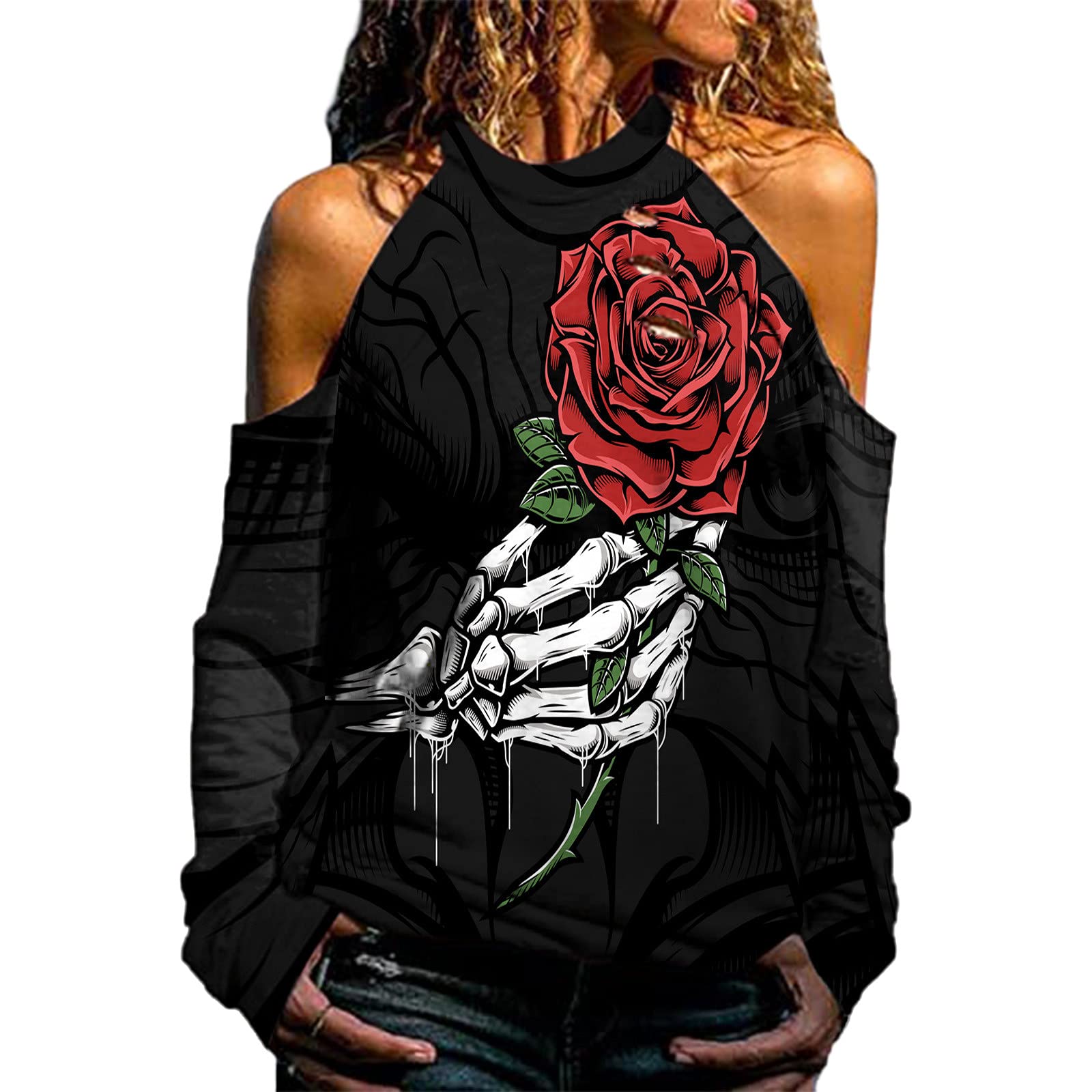 Long Sleeve Hollow Out Blouse for Women - Elegant Shoulder Cutout Casual Top for Halloween & Everyday Wear | Perfect for Parties, Office & Date Nights