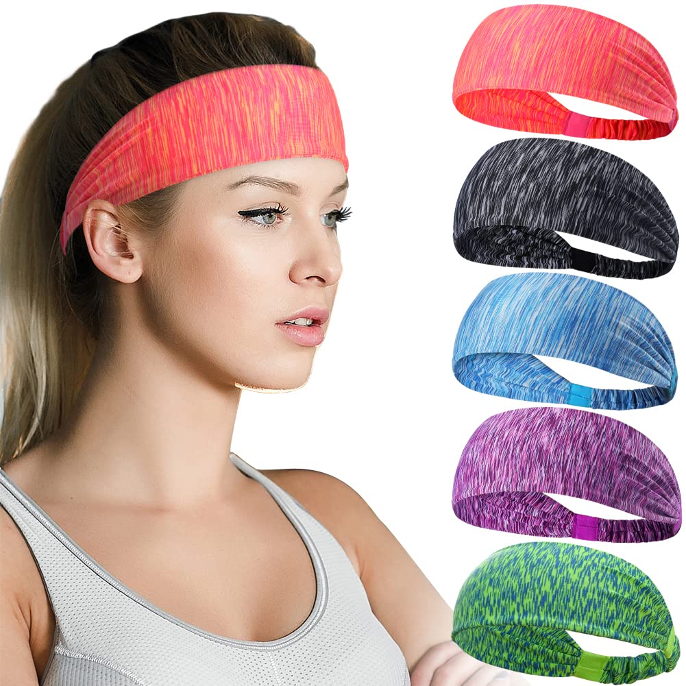 Beister Sports Headbands for Men & Women (5 Pack) - Moisture Wicking Sweat Bands, Elastic Wide Hair Bands for Workout - Athletic Headbands for Running, Cycling, Basketball, Gym & Football - Perfect for Sports, Fitness & Outdoor Activities