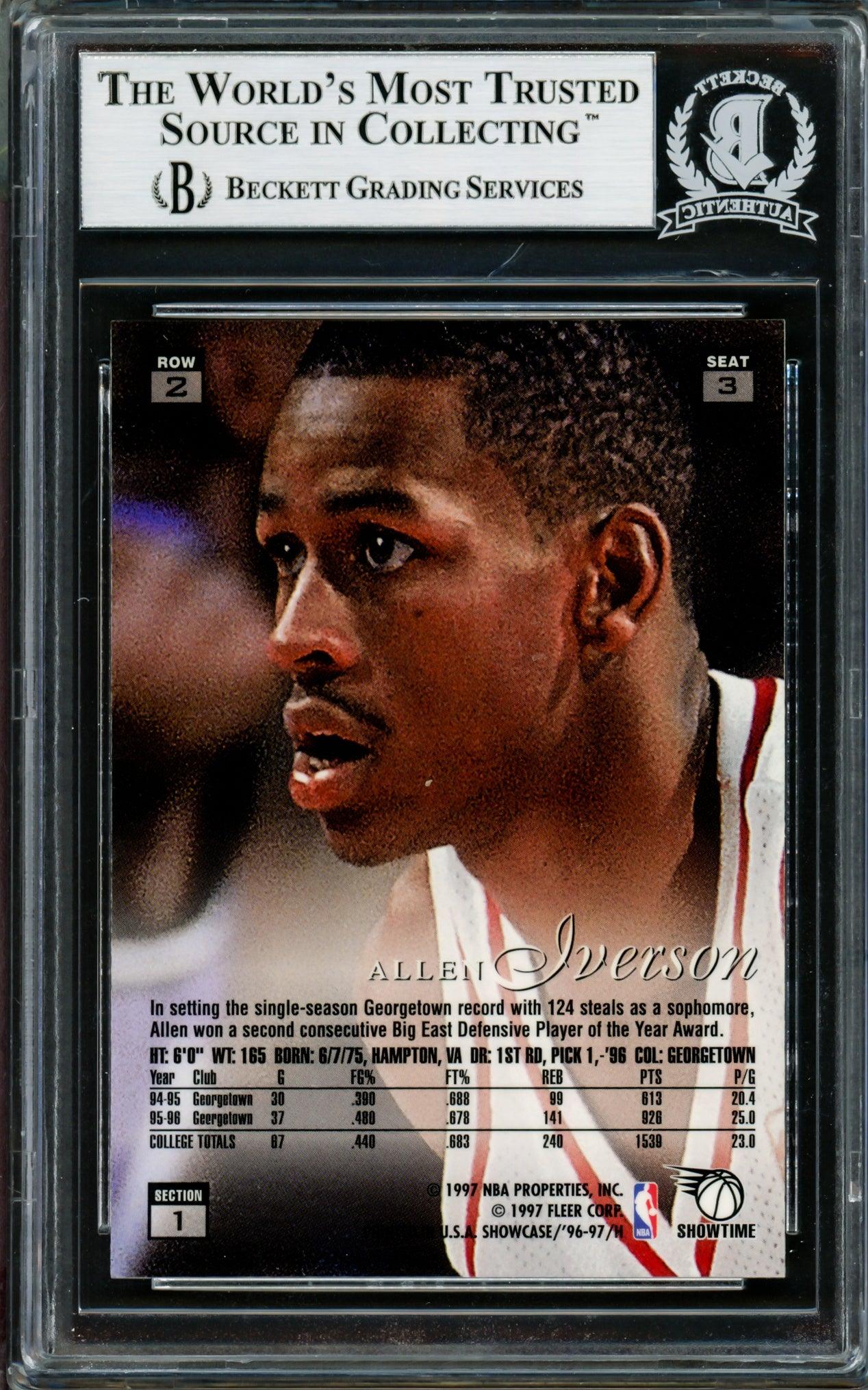 Allen Iverson Autographed 1996-97 Flair Showcase Row 2 Rookie Card #3 - Philadelphia 76ers NBA Memorabilia - Beckett BAS Certified #14134140 - Perfect for Sports Collectors & 76ers Fans Display