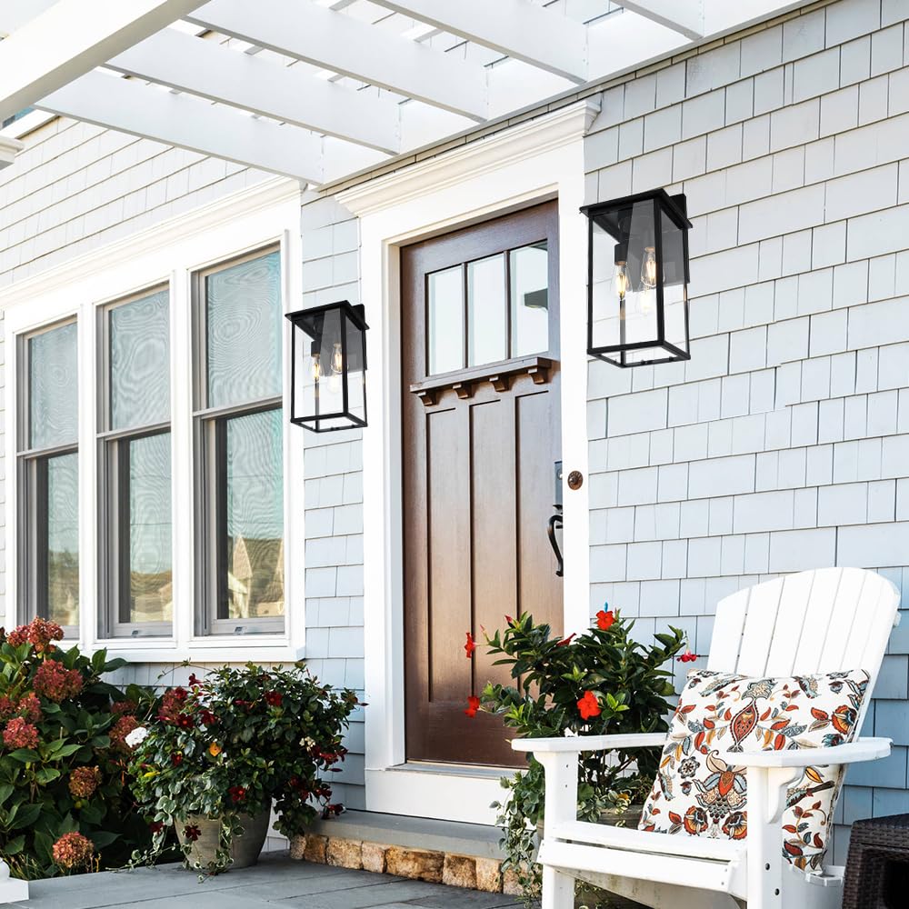 3-Lights Black Outdoor Wall Sconce Lantern with Clear Glass Shade - Waterproof Exterior Wall Mount Lighting for Porch, Garage, Hallway & Patio - Durable Weatherproof Outdoor Light Fixtures for Home & Garden