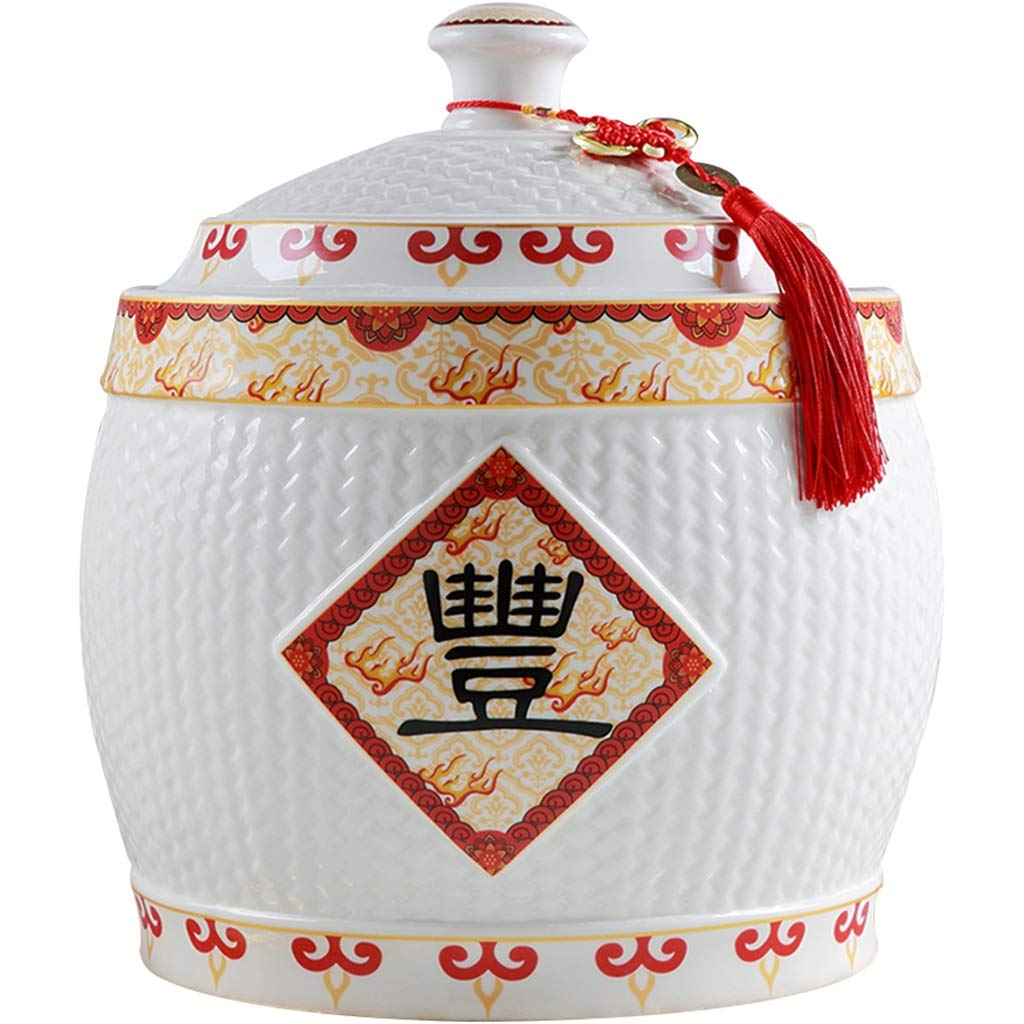 Premium Ceramic Rice Storage Container with Tassel Design - Airtight Household Rice Dispenser with Lid - Large Capacity Rice Bucket (4-12.5KG/141-441OZ) - Perfect for Kitchen Organization & Asian Cooking (Color: B-7.5KG)
