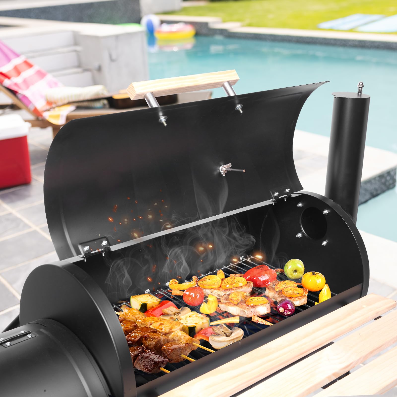Outvita Charcoal Grill & Offset Smoker with Wheels - Portable Outdoor BBQ Cooker for Backyard, Camping, Picnics & Parties - Heavy-Duty Patio Barbecue Oven with Side Fire Box for Grilling, Smoking & Roasting Meats