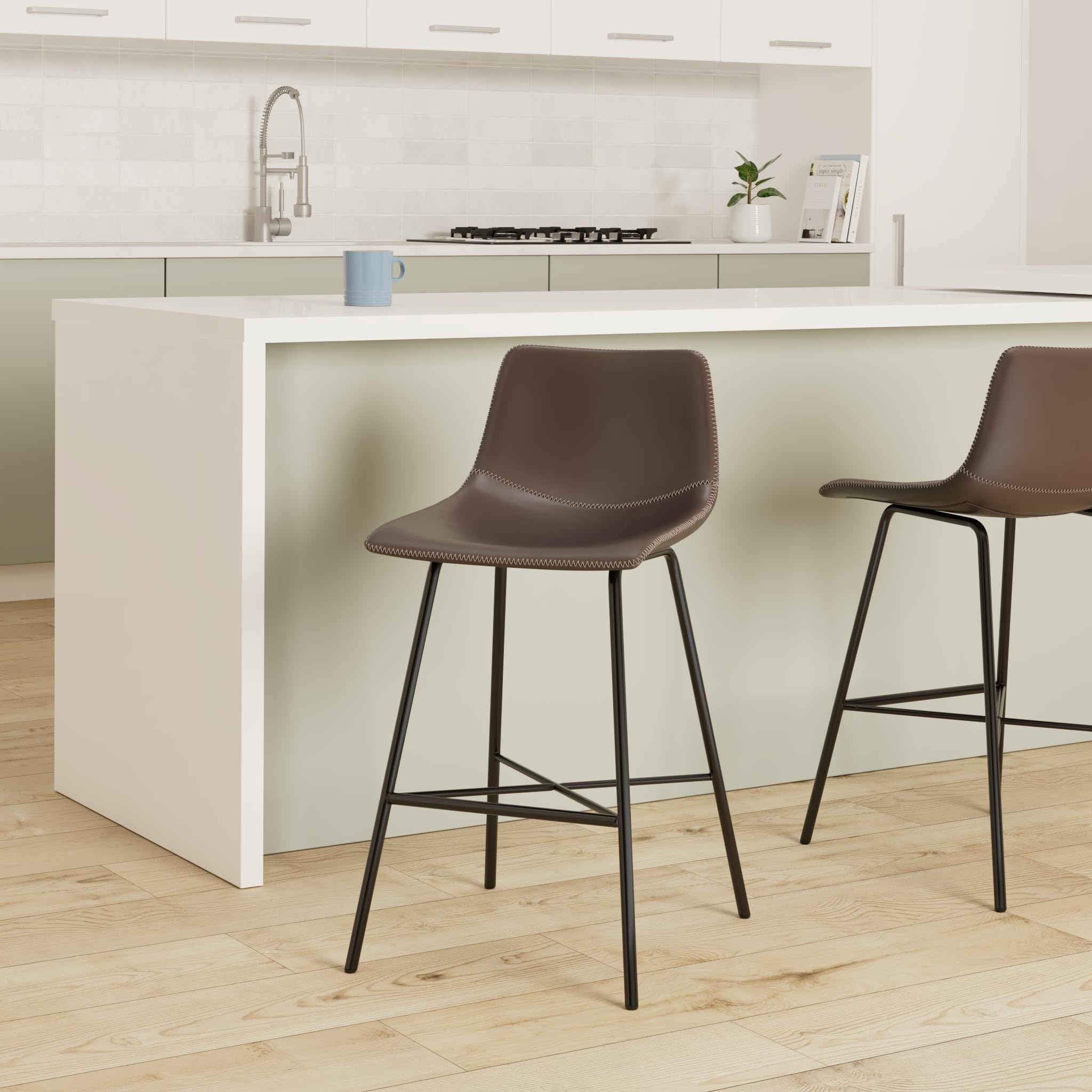 Poly and Bark 24-Inch Counter Height Bar Stools Set of 3 - Modern Kitchen Island Stools with Back Support - Comfortable Brown Bar Chairs for Kitchen, Dining & Breakfast Nook - Durable Countertop-High Stools for Home Decor - Perfect for Entertaining, Casual Dining & Small Spaces