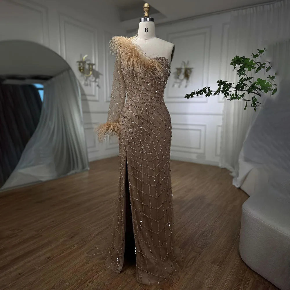 Elegant Blue One Shoulder Mermaid Evening Dress with Beaded Feather Details - Luxury Women's Formal Gown for Prom, Wedding & Special Occasions - Serene Hill Collection LA71612