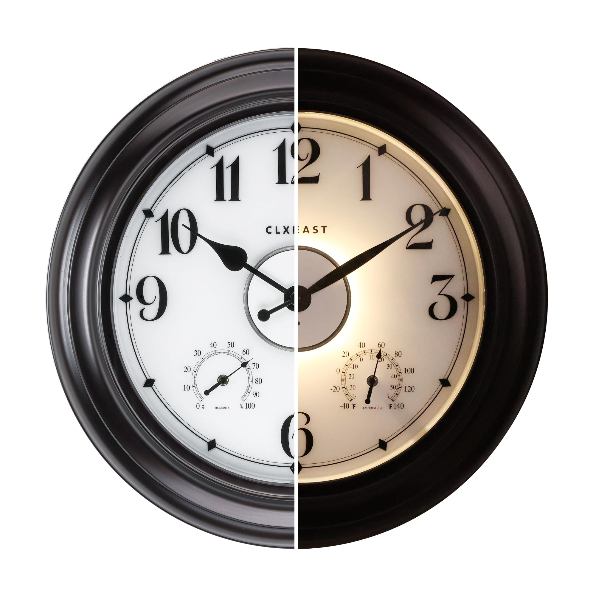 CLXEAST 24 Inch LED Outdoor Metal Clock - Waterproof, Large Lighted Wall Clock with Temperature & Humidity Display - Oil Rubbed Bronze Black - Perfect for Patio, Garden, Backyard & Easter Decorations