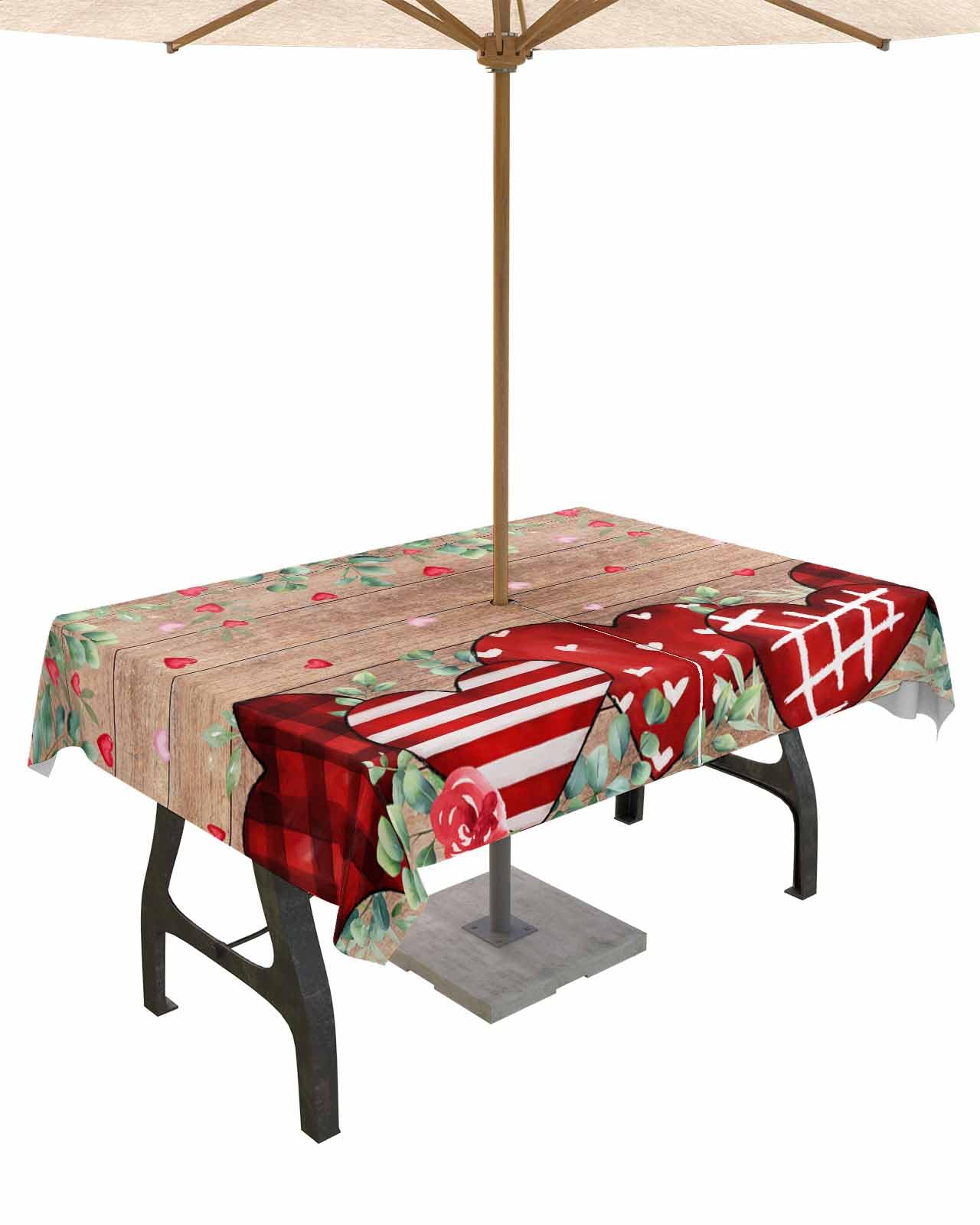 Valentine's Day Red Heart Tablecloth with Umbrella Hole & Zipper - Waterproof Spillproof Rectangular Table Cover for Outdoor Dining, Picnic, Party & Patio - Wood Grain Texture Design
