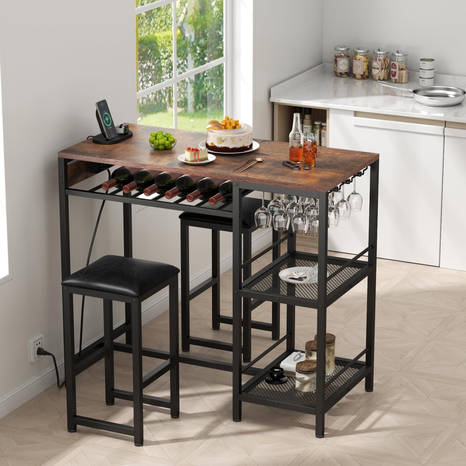 Rustic Bar Table and Chairs Set with Power Outlet, 3-Piece Pub Table Set for 2 with Storage Shelves, Wine Rack & Glass Holder - Perfect for Living Room, Dining Room, Small Apartment, and Outdoor Patio