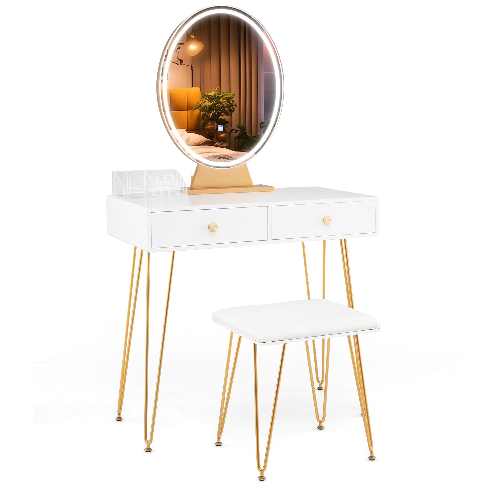 Charmaid White & Gold Makeup Vanity Table with LED Lighted Mirror, 2 Large Drawers, Adjustable 3 Lighting Modes - Modern Dressing Table with Stool for Small Spaces | Perfect for Bedroom, Dorm Room, and Apartment Makeup Station