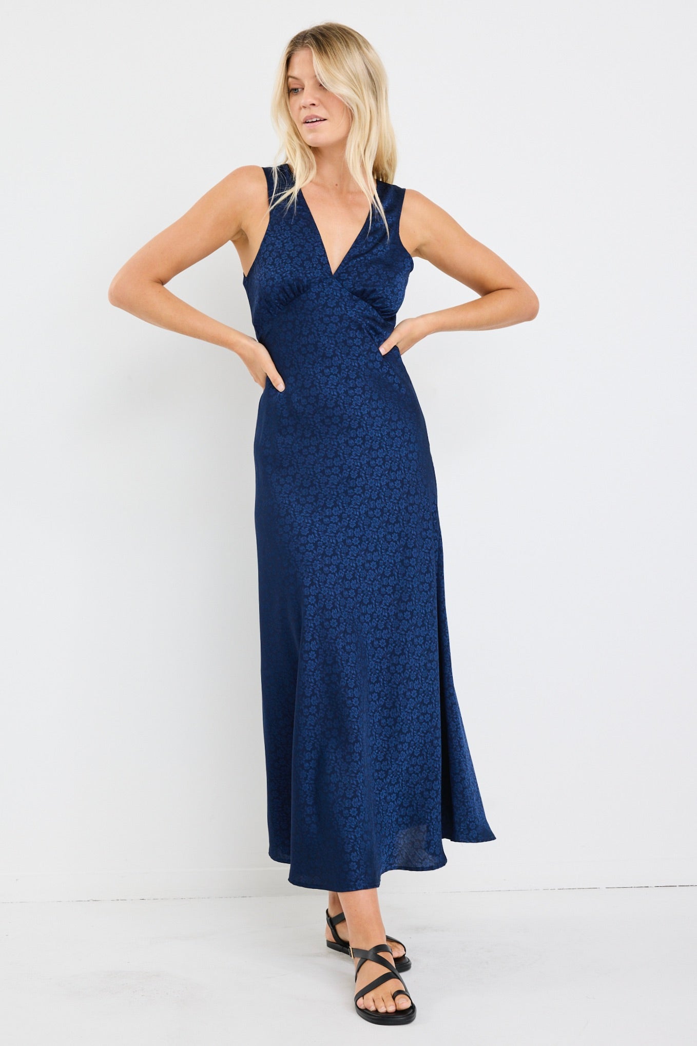Aston Ink Jacquard Satin Bias Flared Maxi Dress - Elegant Women's Formal Evening Gown for Weddings, Parties & Special Occasions