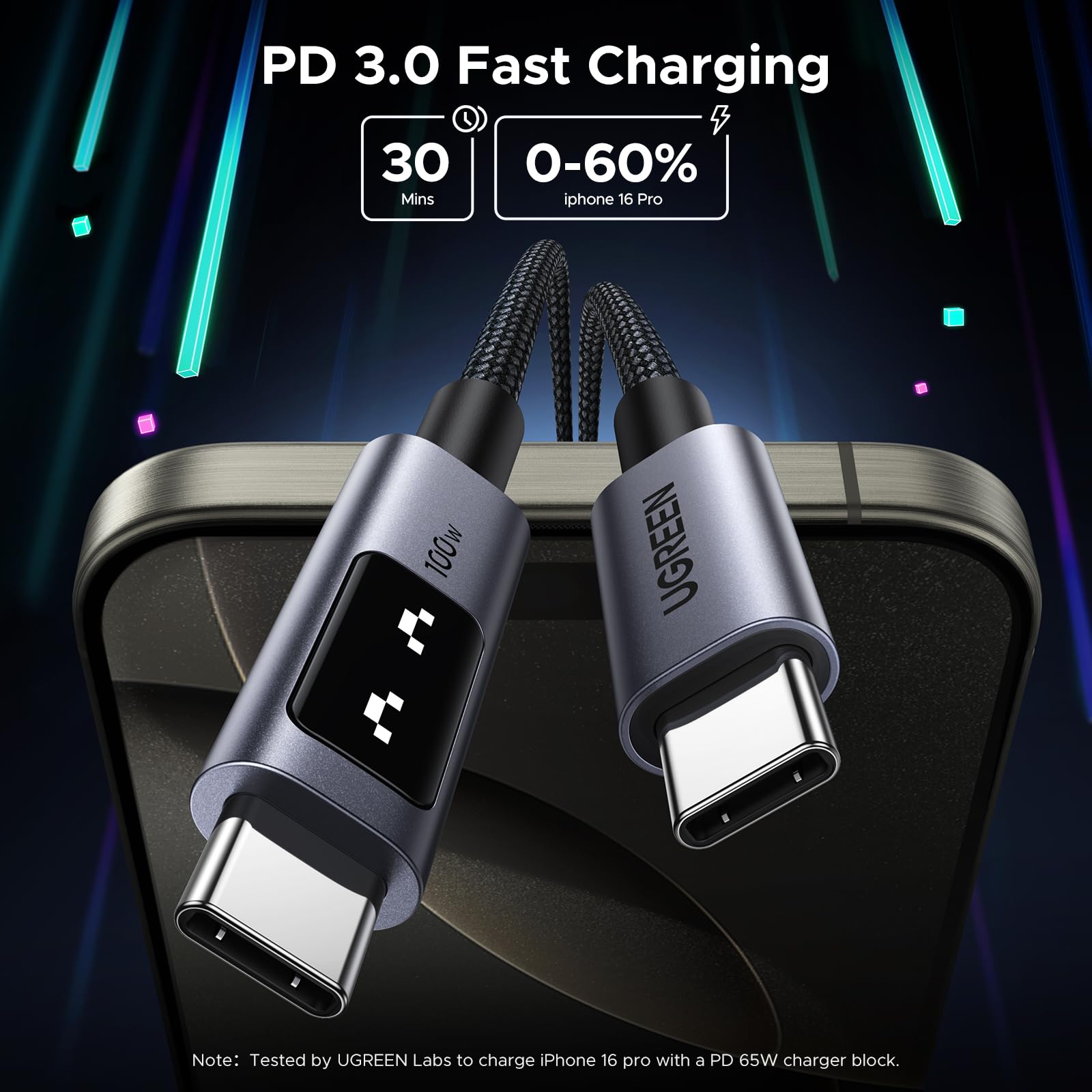UGREEN 6.6FT USB C to USB C Cable 100W Fast Charging Cable - Type C Charger with LED Display for iPhone 16 Series, MacBook, iPad, Galaxy S24 - Perfect for Home, Office & Travel Charging Needs (Black)
