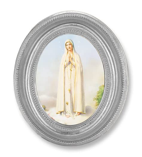Our Lady of Fatima Framed Print - Small Oval Silver-Leaf Frame - Perfect for Home Altar, Catholic Gifts, and Religious Decor