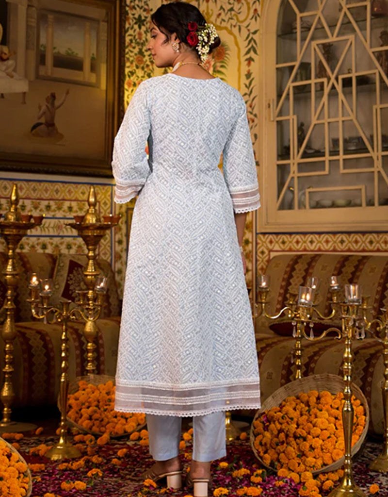 Anarkali Kurta Trouser with Dupatta Set - Sky Blue Pure Cotton Pant Suit for Women | Traditional Indian Ethnic Wear for Festivals, Weddings & Special Occasions