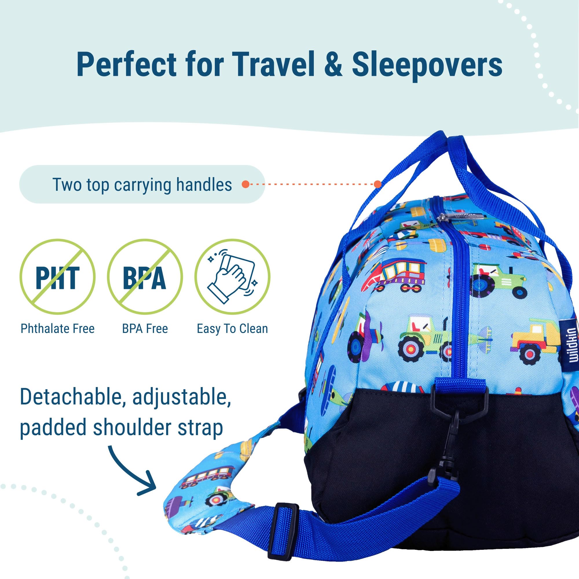 Wildkin Kids Overnighter Duffel Bag - Carry-On Size Travel Bag for Boys & Girls - Perfect for School, Sleepovers, Travel (Trains, Planes, Trucks Design) - Great for Weekend Trips, Sports Gear & Camping Essentials