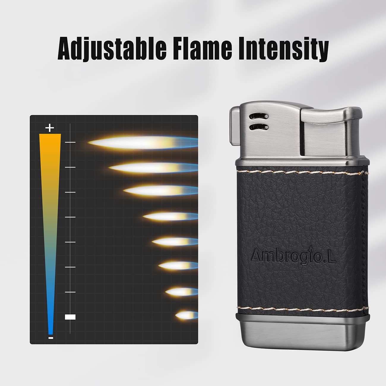 Ambrogio.L Pipe Lighter - Refillable Butane Soft Flame Lighter with Genuine Leather Case, Black Brushed Finish - Perfect for Men's Smoking Accessories, Pipe & Cigar Lighting, Outdoor Use & Gifts