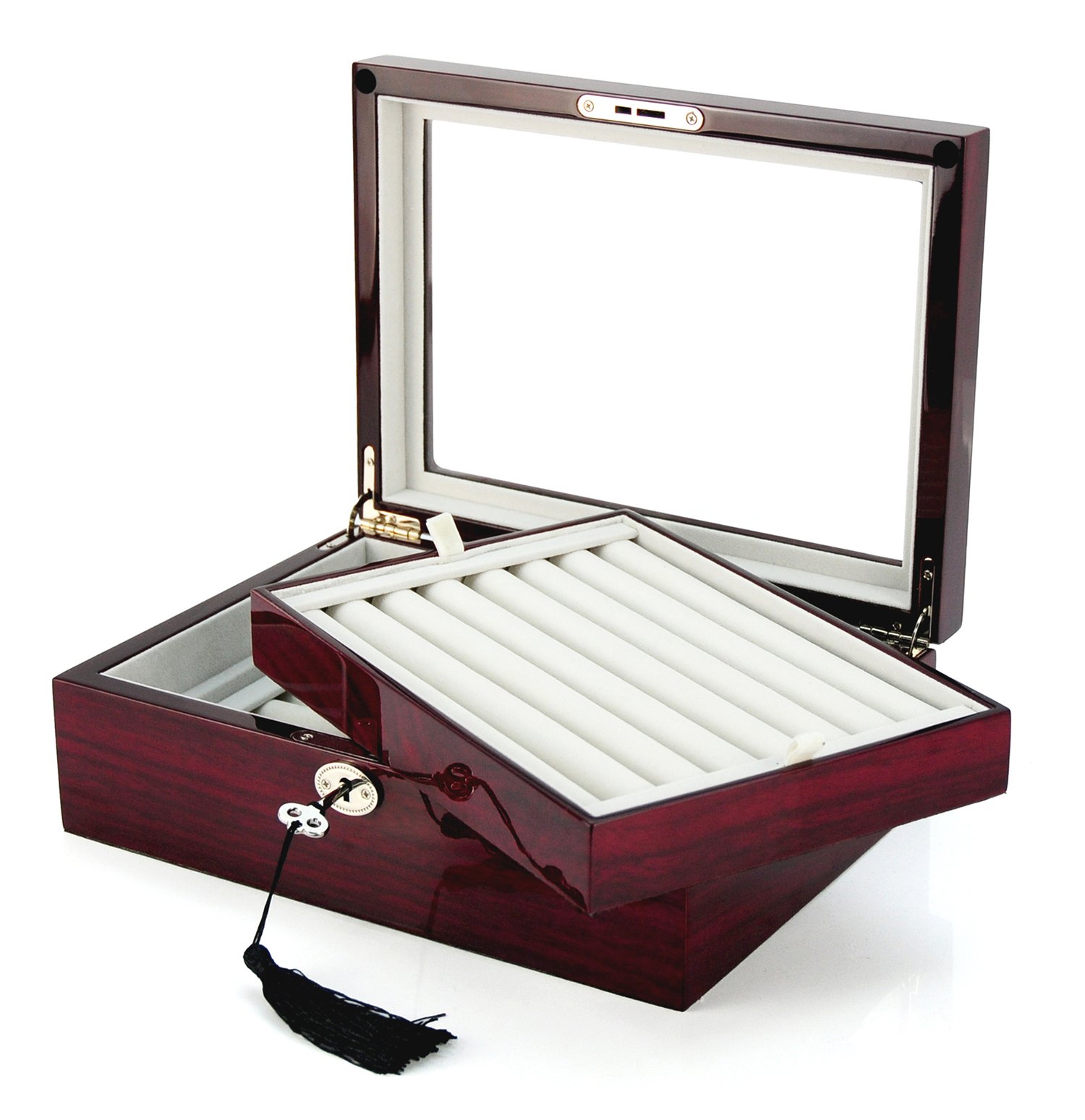 Luxury Mahogany Double-Decker Jewelry Cufflinks Collector's Storage Box - Elegant Presentation Case for Men's Accessories | Perfect Gift for Weddings, Anniversaries & Formal Events