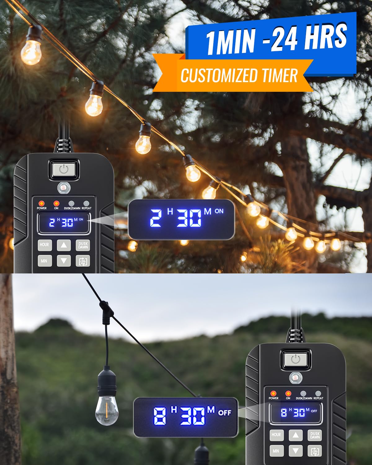 Waterproof Outdoor Light Timer with Remote Control - Dusk to Dawn Sensor, 100FT Range (1-60 Min & 2-8 Hour Modes) - 15A/125V Dual Outlet Plug-in Timer Switch for Patio, Garden & Landscape Lighting