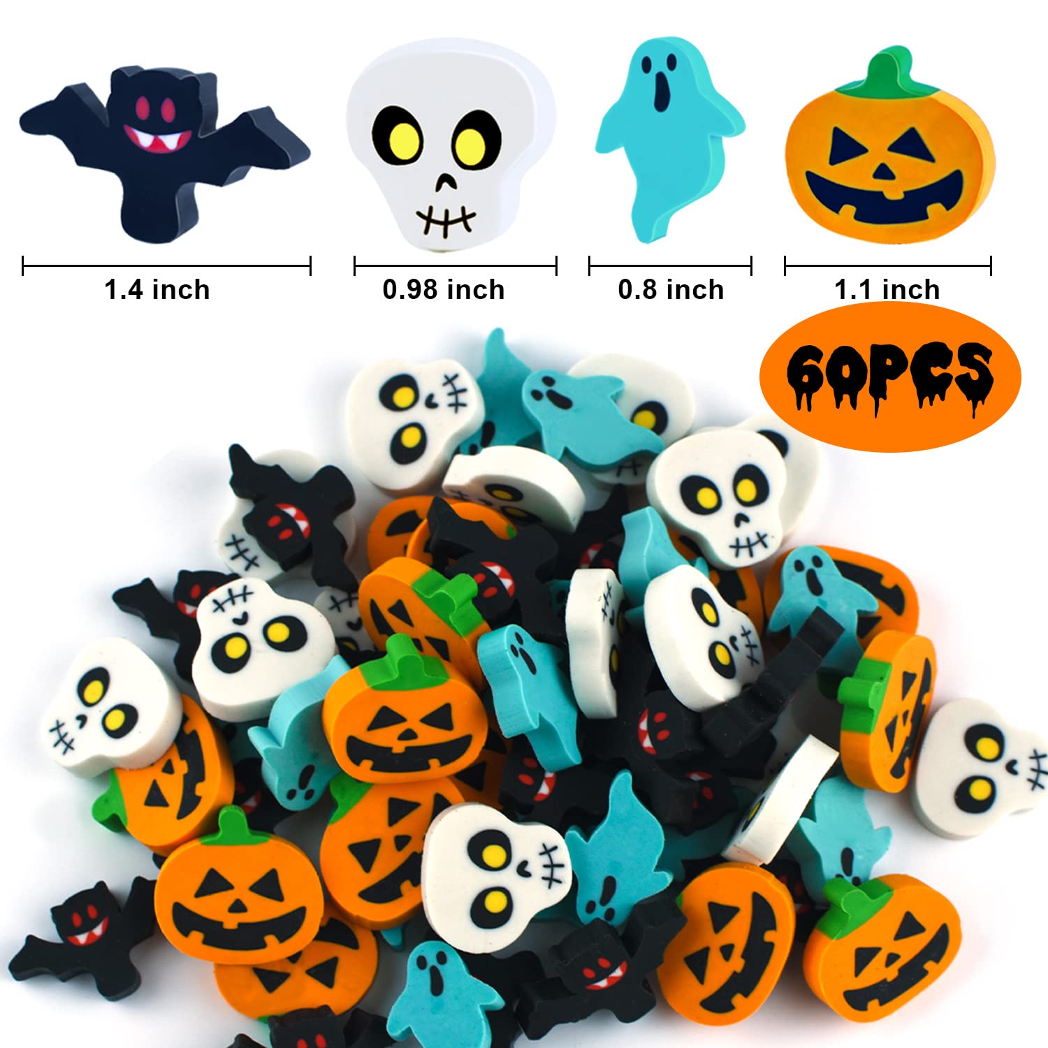 Halloween Mini Eraser Set for Kids - 50PCS Pumpkin, Ghost & Bat Erasers Bulk Pack for Trick or Treat Goody Bags, Classroom Prizes, Party Favors and School Supplies