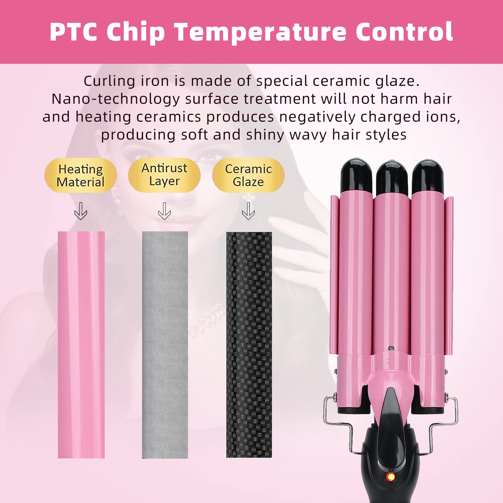 3 Barrel Curling Iron Wand - Professional Hair Curler & Waver for Short to Medium Hair - 22mm US Size - Perfect for Beach Waves, Loose Curls & Everyday Styling