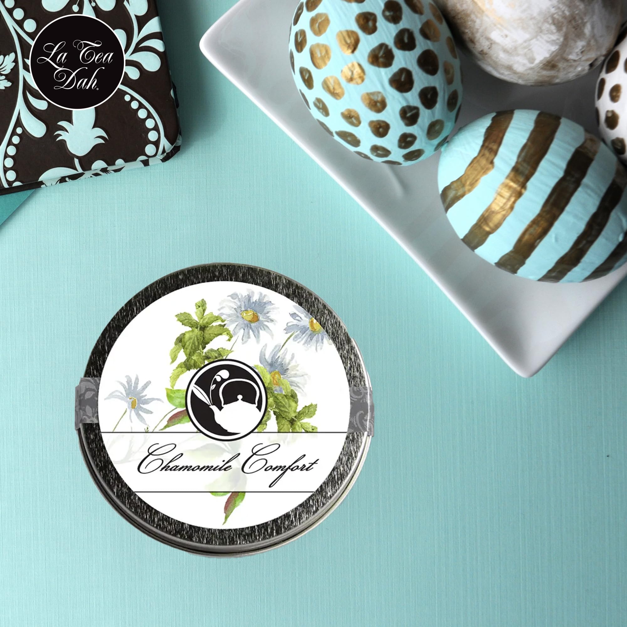 Premium Easter Tea Gift Basket by La Tea Dah - 5 Tins of Luxury Tea & 2 Honey Stirrers in Festive Basket (Hibiscus, Vanilla, Chamomile, Orange Almond & Earl Grey) - Perfect Easter Gifts for Adults, Tea Lovers & Hostess - Ideal for Afternoon Tea, Mother's Day & Spring Celebrations