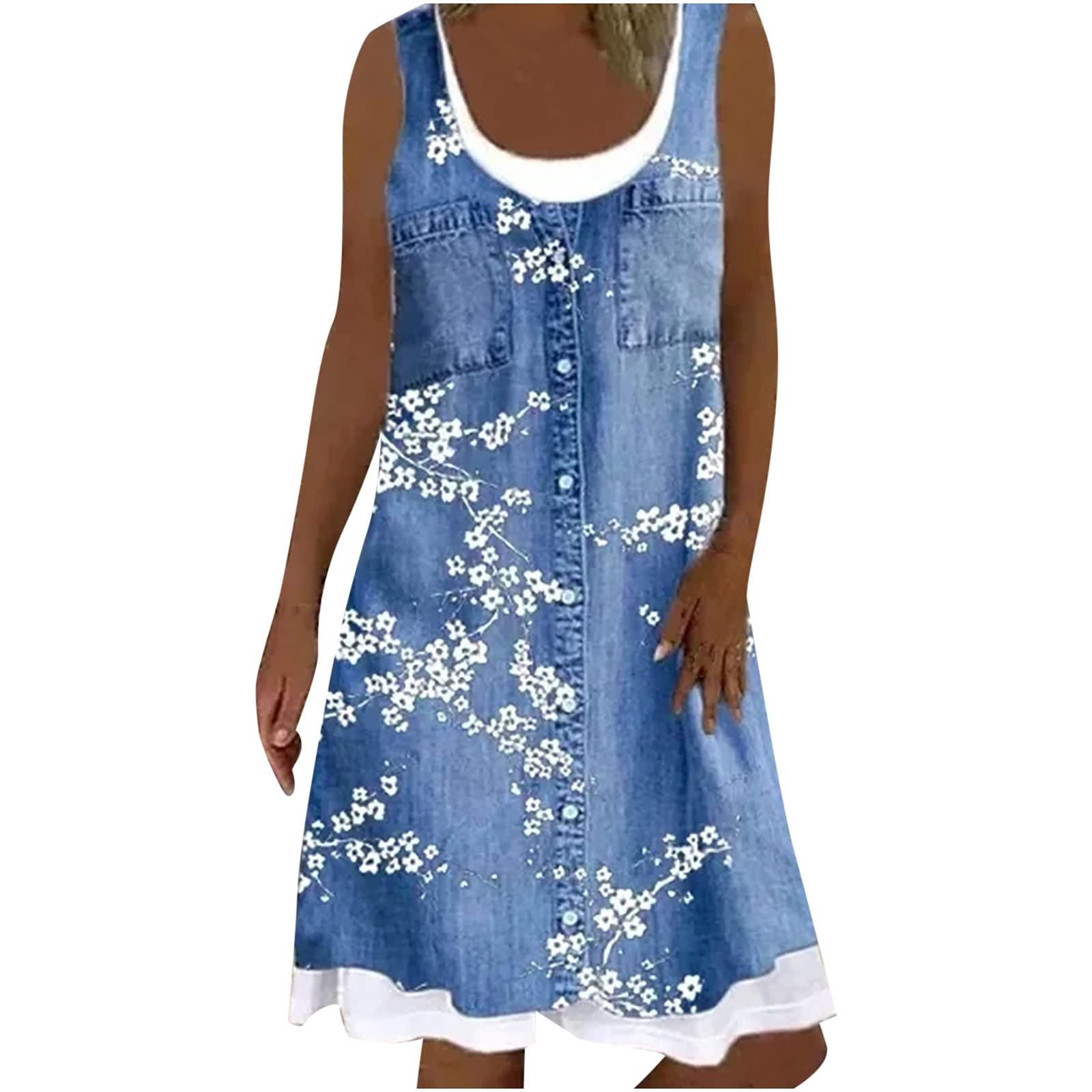 Stylish Women's Floral Print Denim Dress - Casual Loose Fit Fake Two-Piece Jean Dress for Everyday Wear, Summer Outfits & Boho Fashion