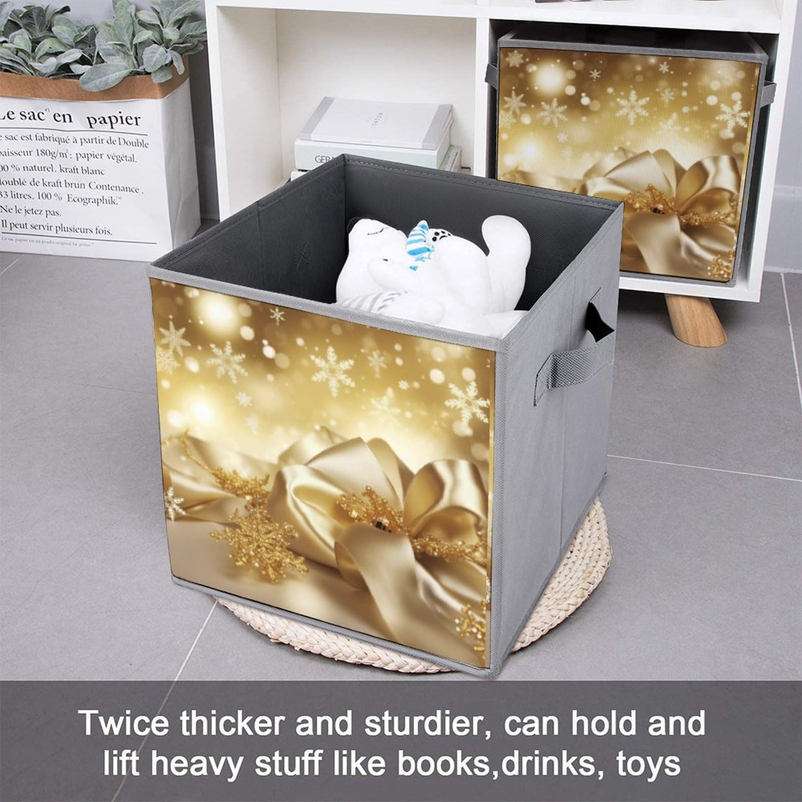 6-Pack Gold Silk Christmas Storage Bins - Collapsible Storage Baskets with Handles, Large Closet Organizer for Clothing & Houseware | Perfect for Holiday Decor Storage, Bedroom Organization & Seasonal Wardrobe Management