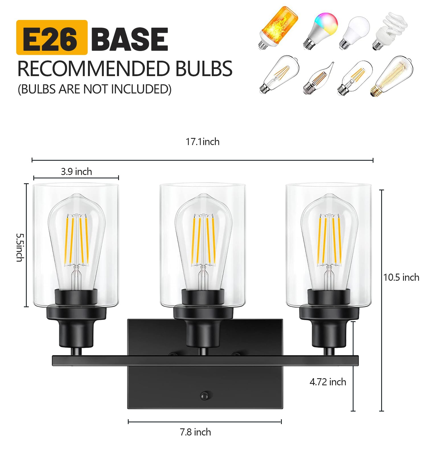 Modern Black 3-Light Bathroom Vanity Light Fixture with Clear Glass Shade - Metal Frame Wall Lamp for Bedroom, Washroom, Living Room & Hallway - E26 Base - Perfect for Bathroom Makeover & Home Decor Lighting