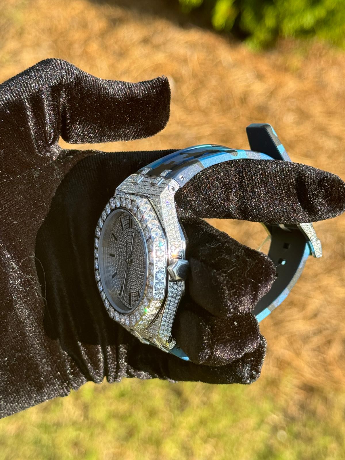 Moissanite Camouflage Blue Automatic Watch for Men - Luxury Waterproof Designer Timepiece for Business, Casual & Outdoor Activities