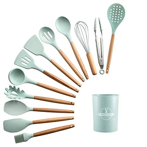 12-Piece Silicone Kitchen Utensil Set with Wooden Handle - Non-Slip Cooking Tools for Baking, Frying & Grilling - Perfect Gift for Home Chefs (Black)